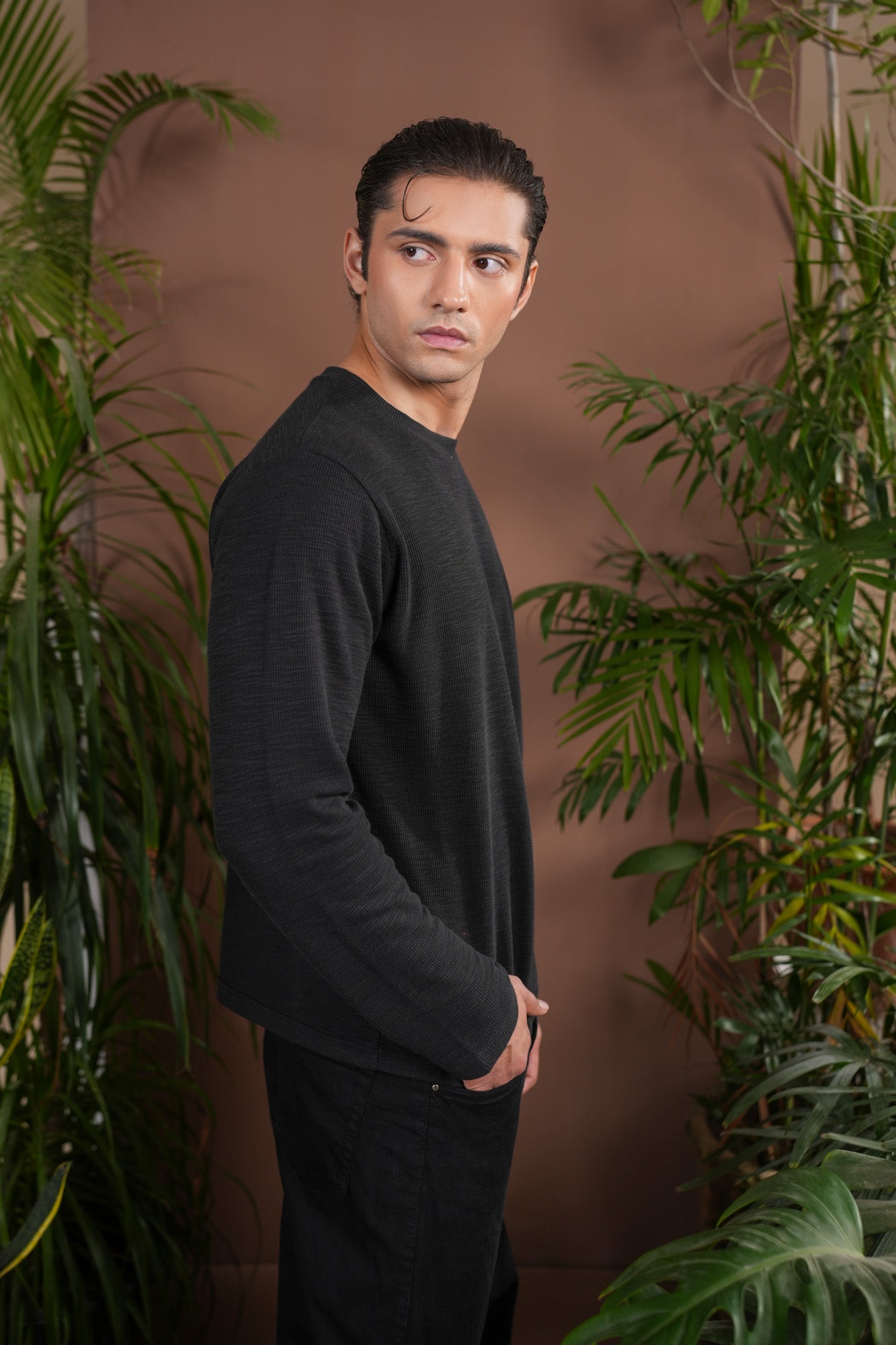 Black Waffle Knit Sweat Shirt - Relaxed Fit - Men