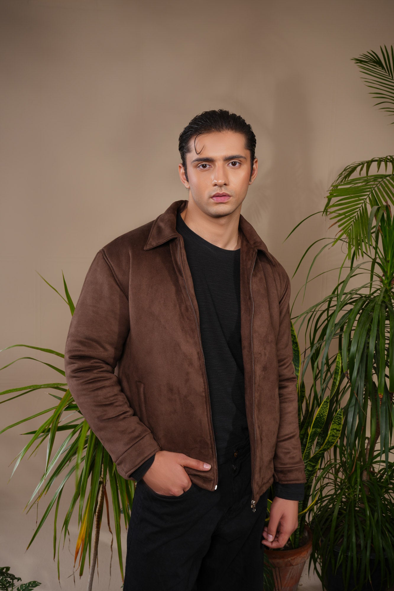 Dark Brown Premium Suede Bomber Jacket - Men