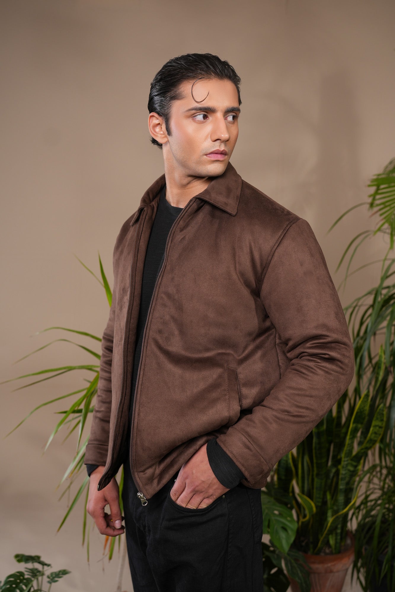 Dark Brown Premium Suede Bomber Jacket - Men