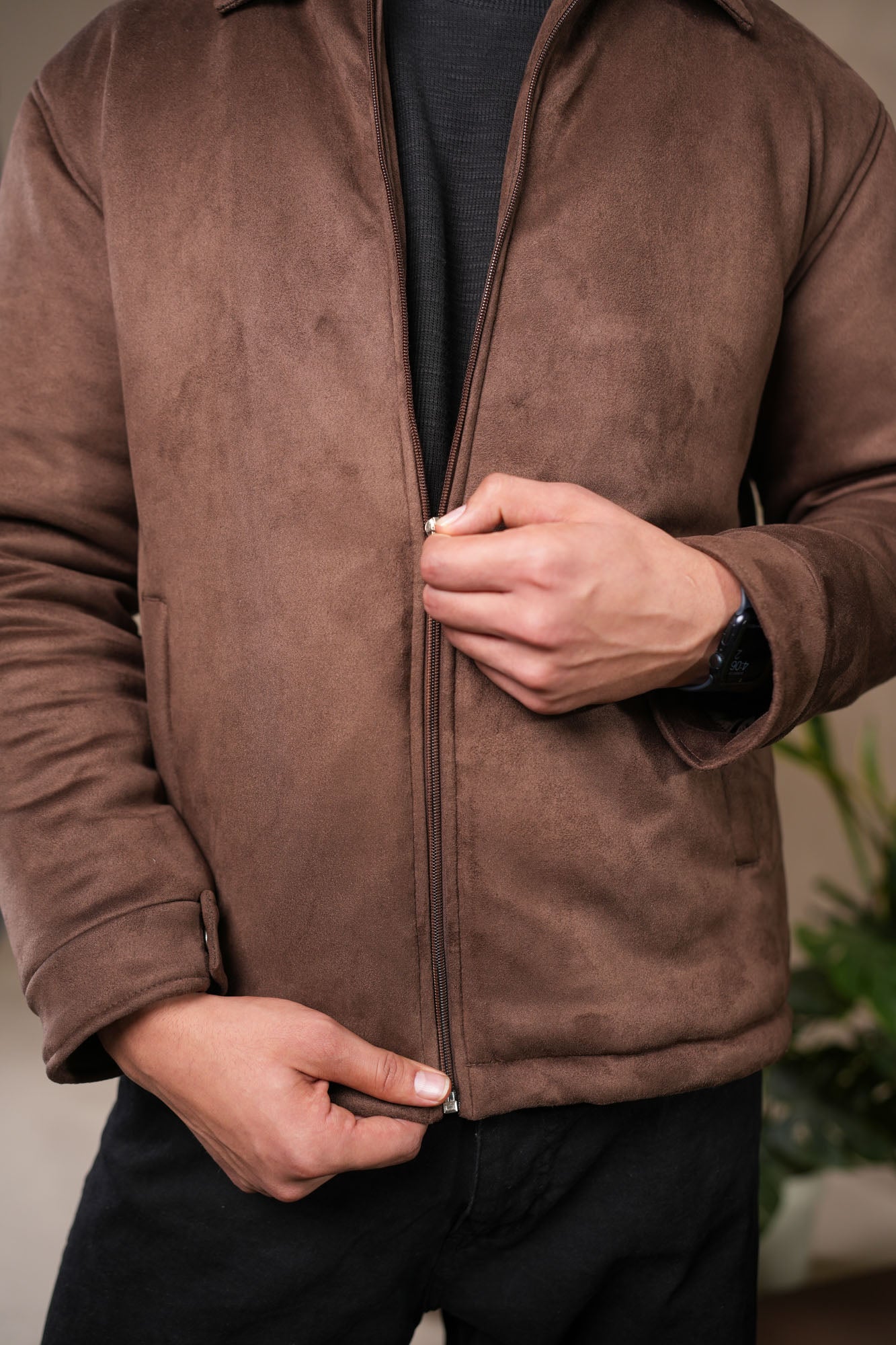 Dark Brown Premium Suede Bomber Jacket - Men