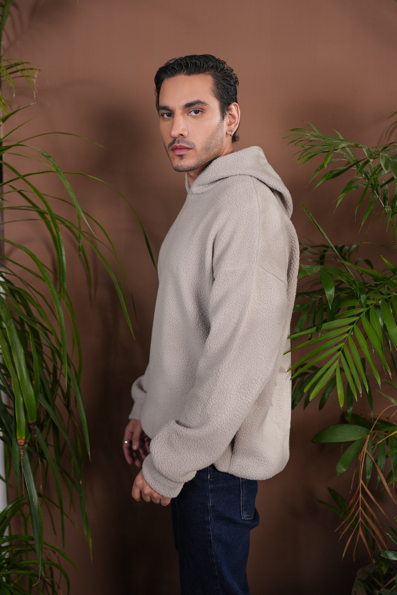 Beige Sherpa Hoodie - Relaxed Fit - Men