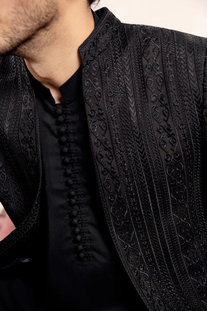 Muraqsh Ready To Wear Embroidered Cotton Men Black Loop Kurta Trouser with Cross Stitched Open Prince Coat ABD-BLKTW - Summer Collection