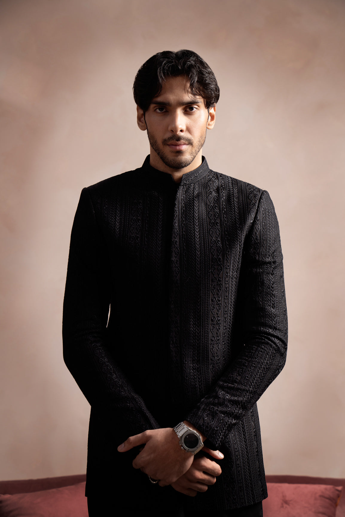 Black Kurta Trouser with Cross Stitched Embroidered Prince Coat - 3PC - Men