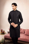Black Kurta Trouser with Cross Stitched Embroidered Waistcoat - 3PC - Men