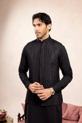 Black Cross Stitched Embroidered Waistcoat - Men