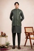 Olive Green Kurta Trouser with Falling Embroidered Waistcoat - 3PC - Men