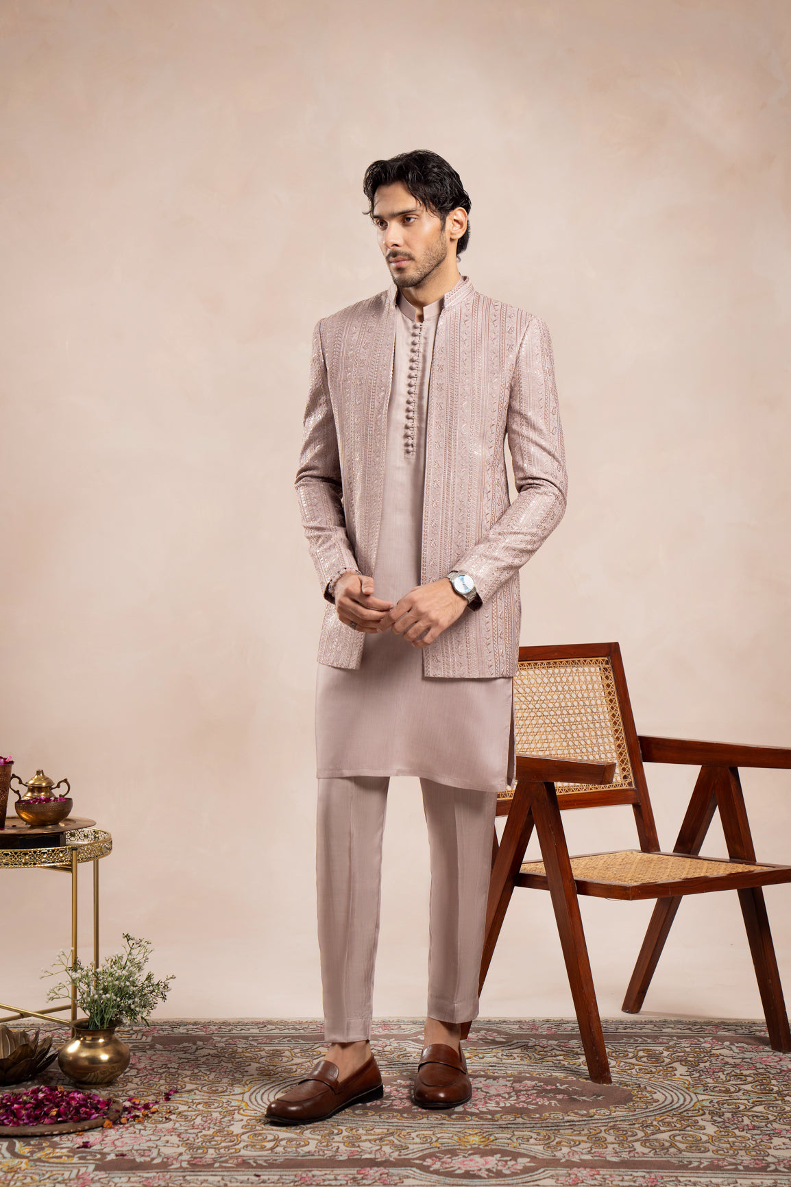 Pink Falling Embroidered Open Prince Coat - Men