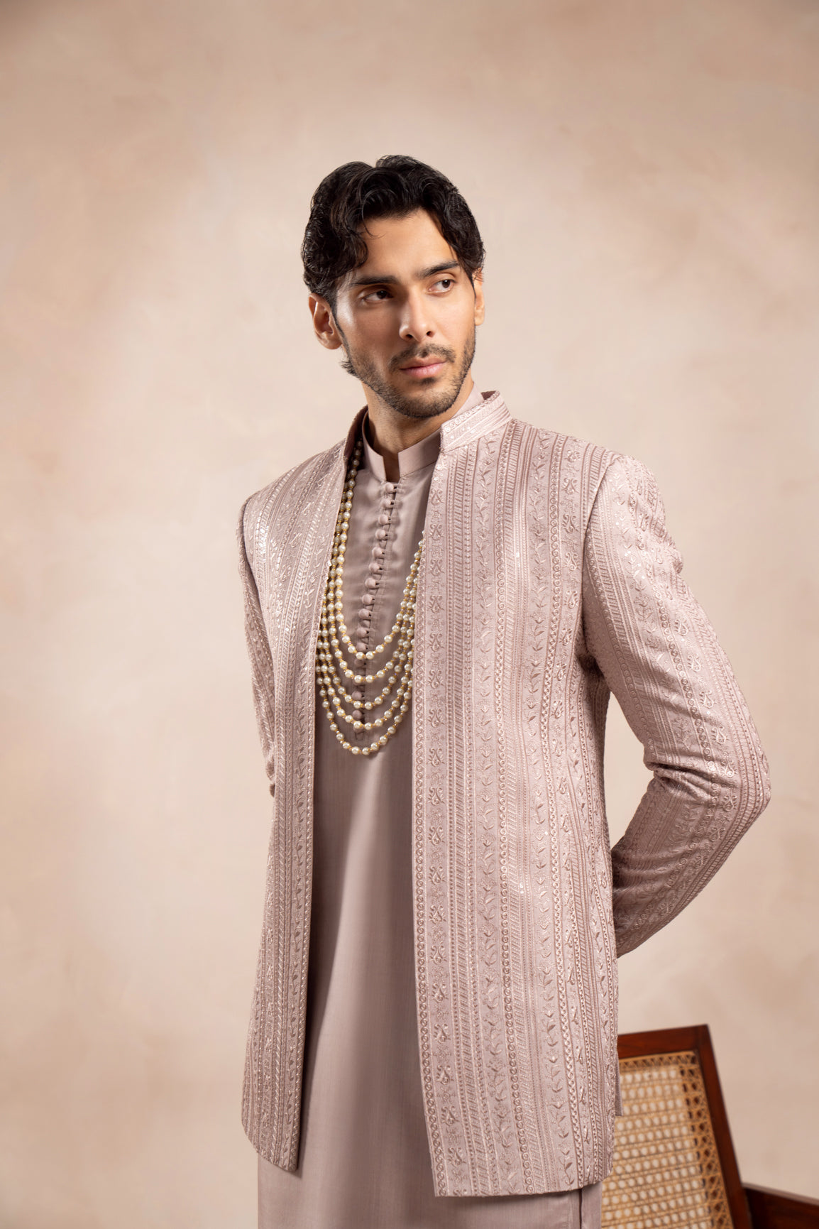 Pink Falling Embroidered Open Prince Coat - Men