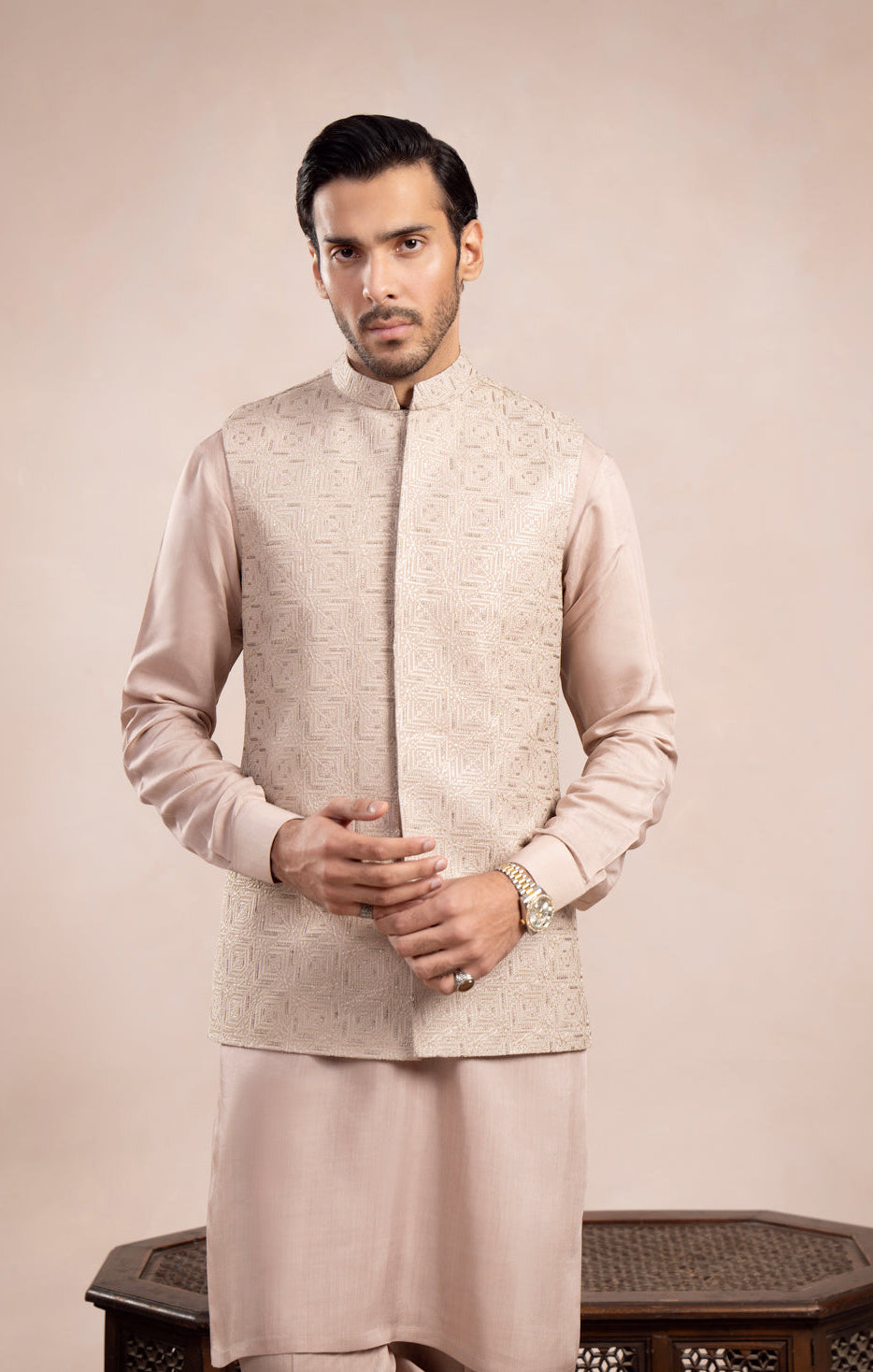 Coffee Beige Square Embroidered Waistcoat - Men