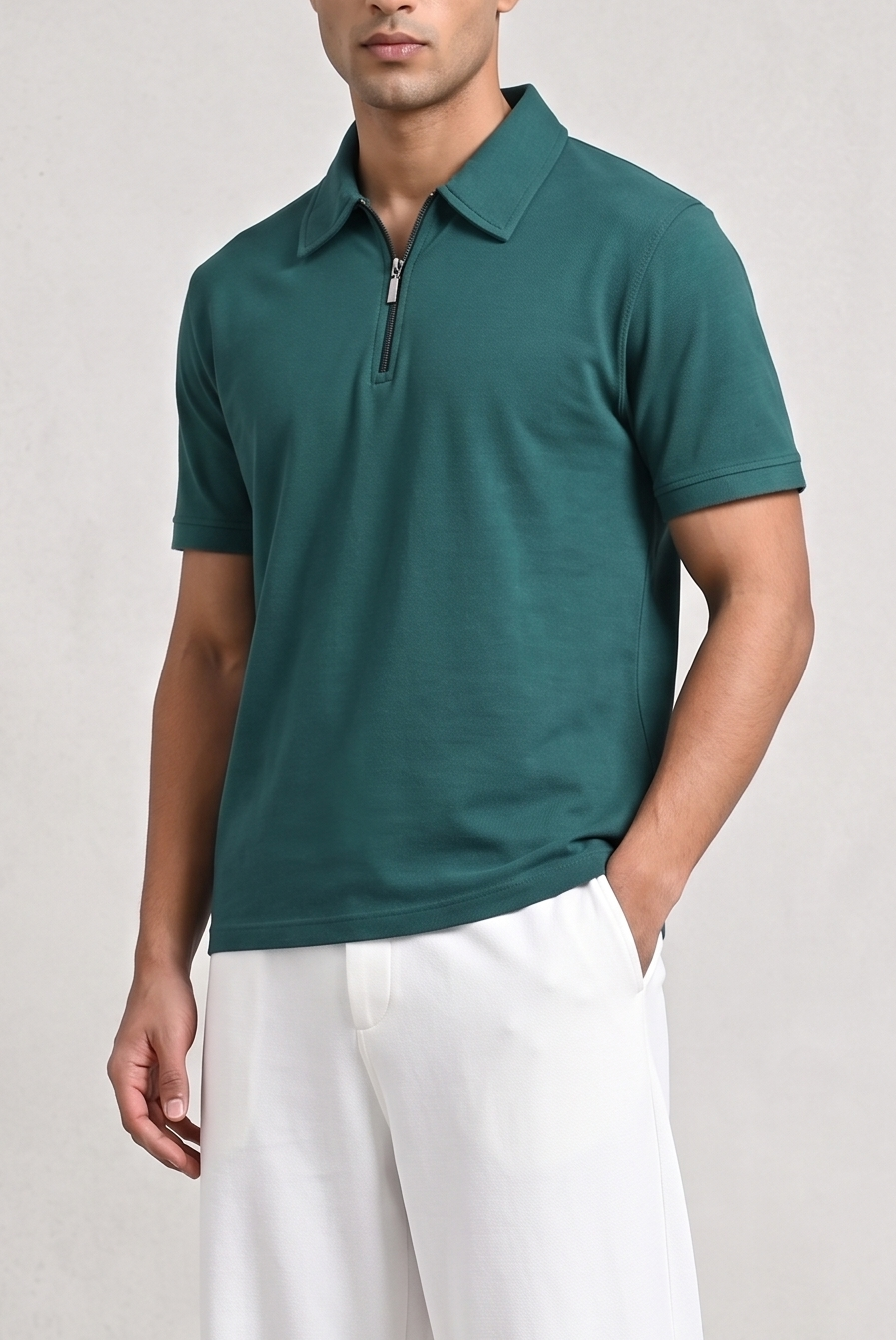 Teal Green Interlock Zipper Polo - Boxy Fit - Men