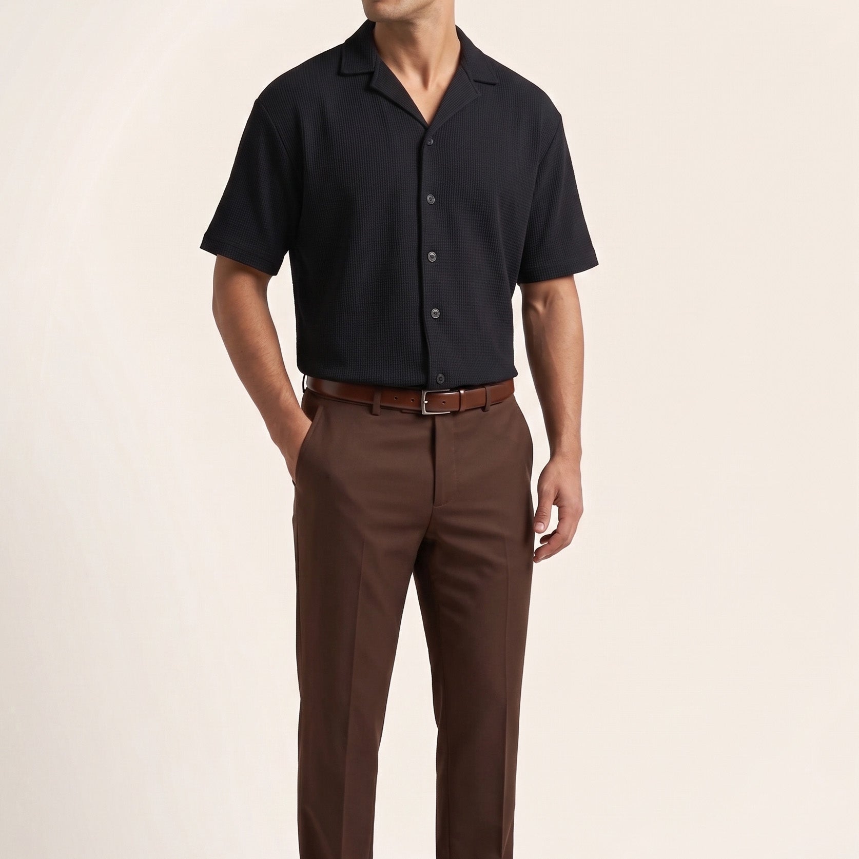 Black Waffle Boxy Revere Button Down - Men