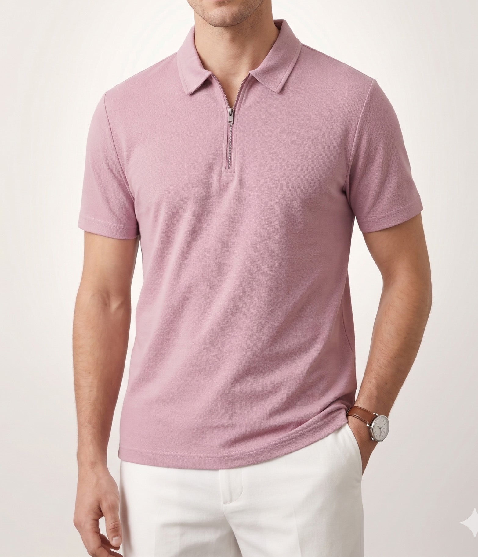 Light Pink Basic Zipper Polo - Smart Fit- Men