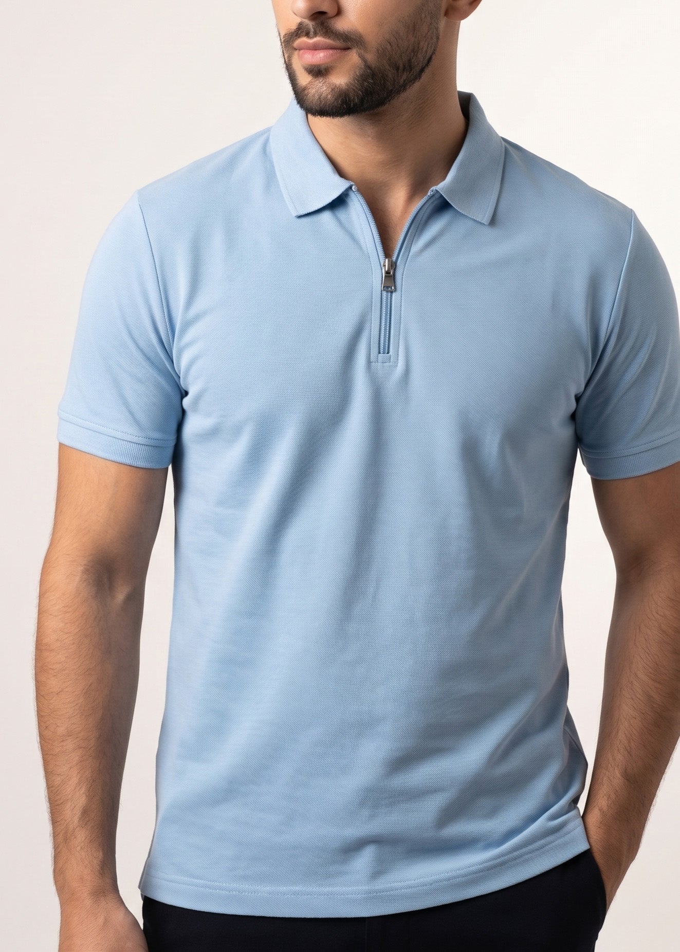 Sky Blue Basic Zipper Polo - Smart Fit- Men