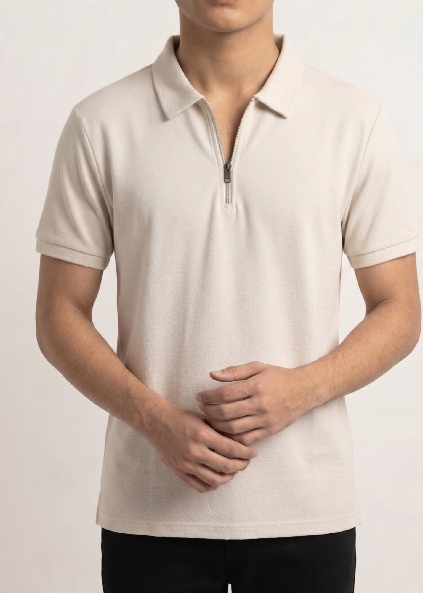 Off White Basic Zipper Polo - Smart Fit- Men