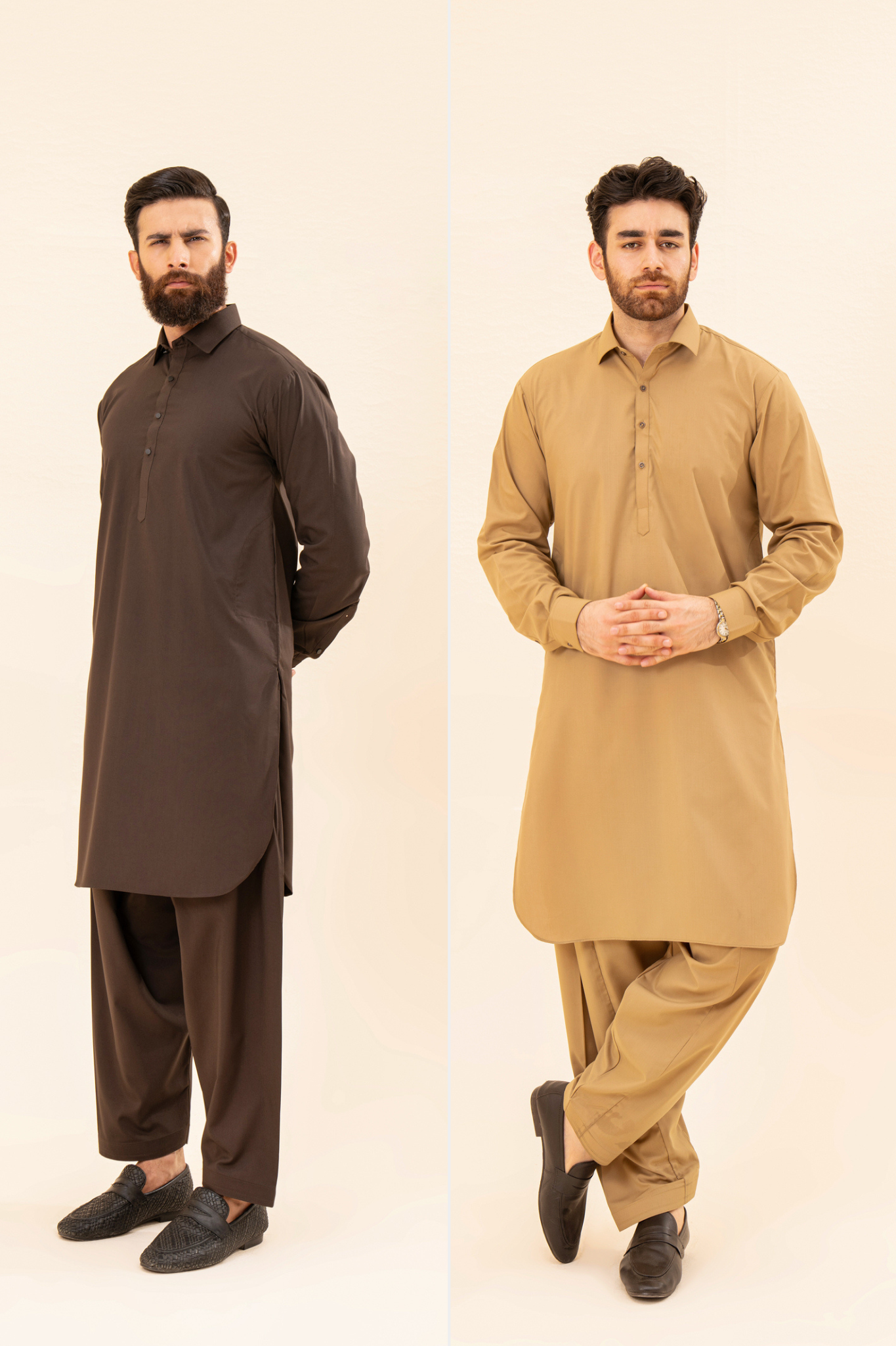 Pack of 2 French Collar Kameez Shalwar - Camel & Dark Brown