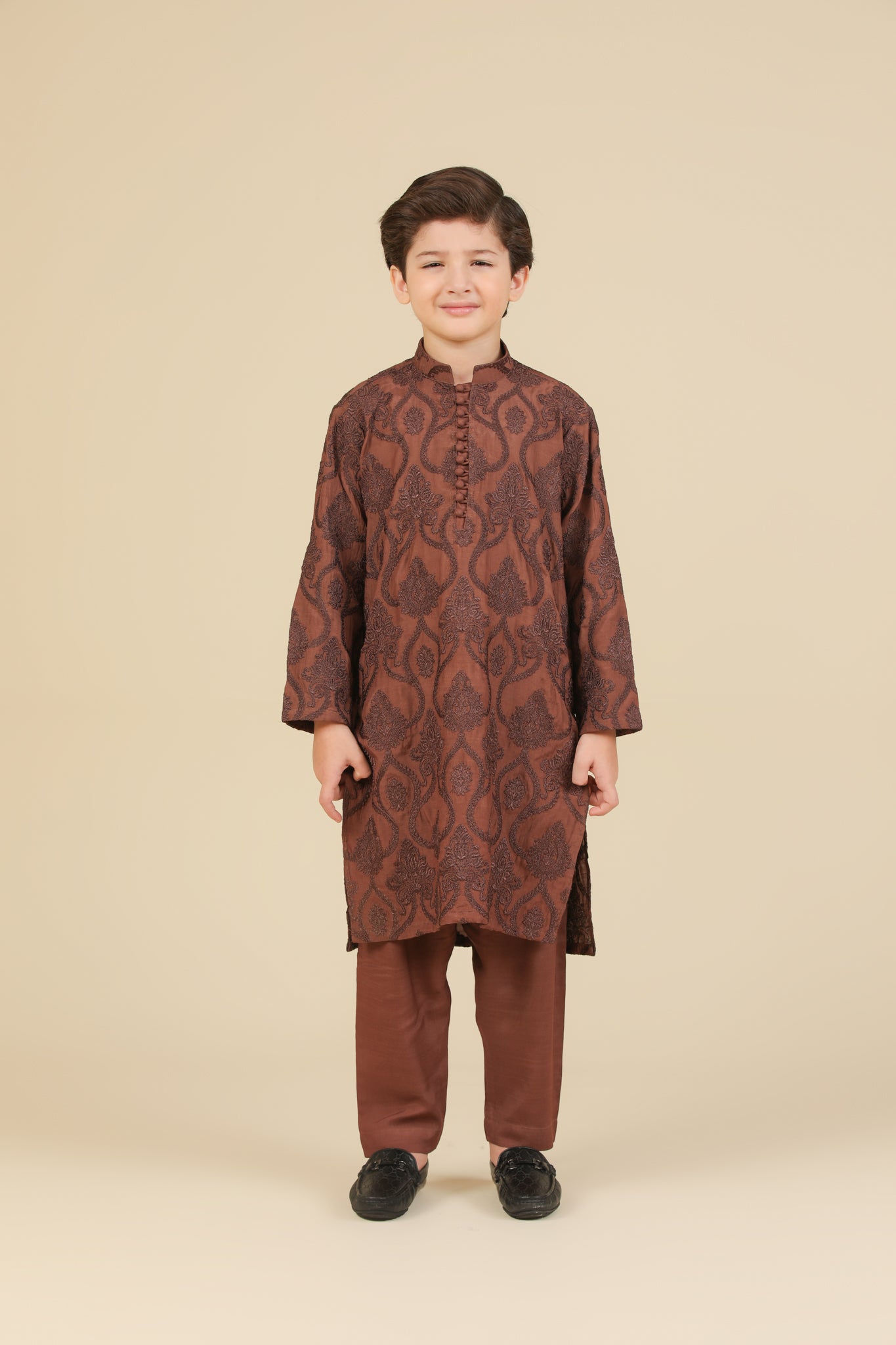 Faris - Cocoa Brown Raw Silk Embroidered Kurta Trouser - Kids