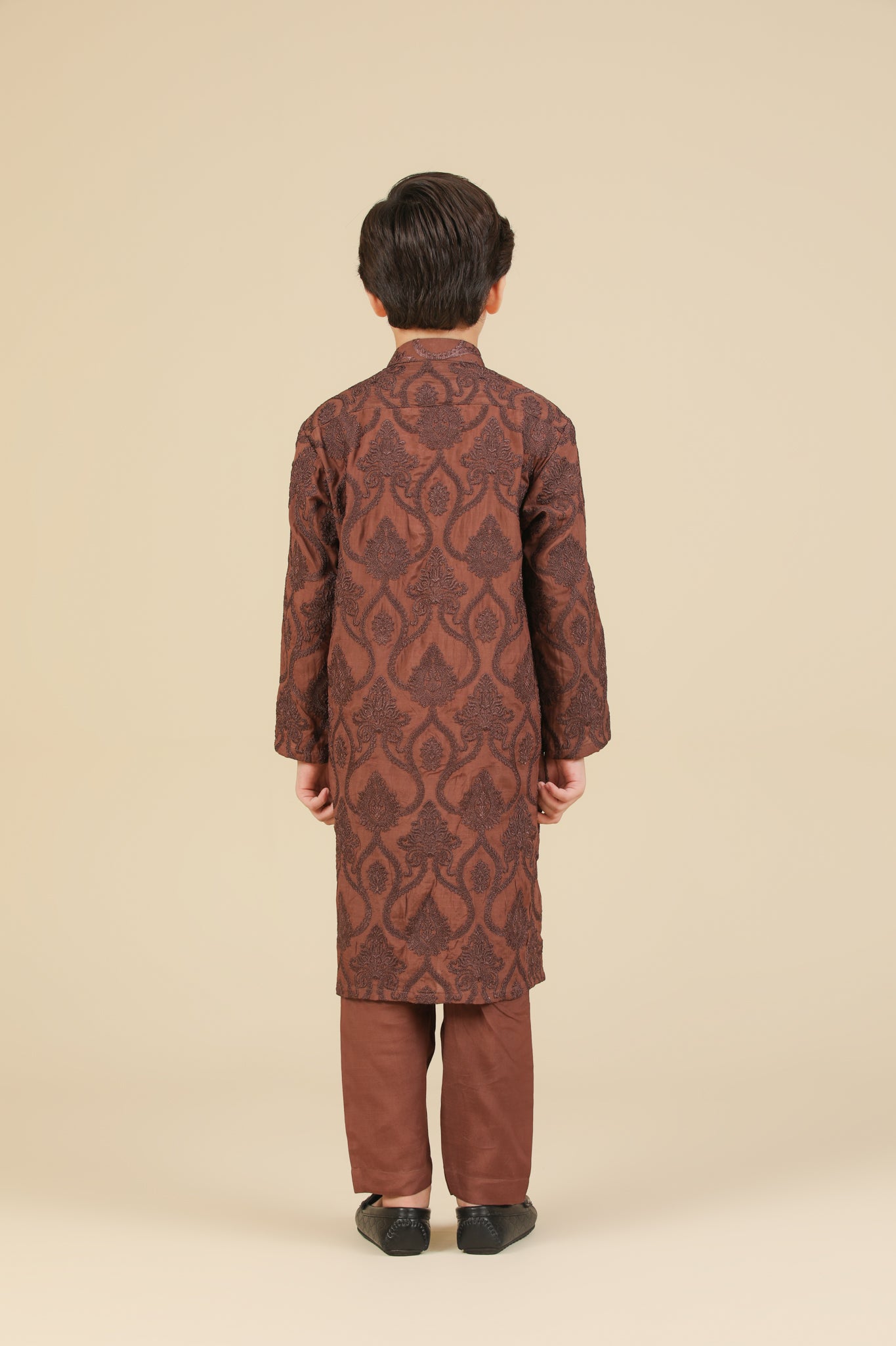 Faris - Cocoa Brown Raw Silk Embroidered Kurta Trouser - Kids
