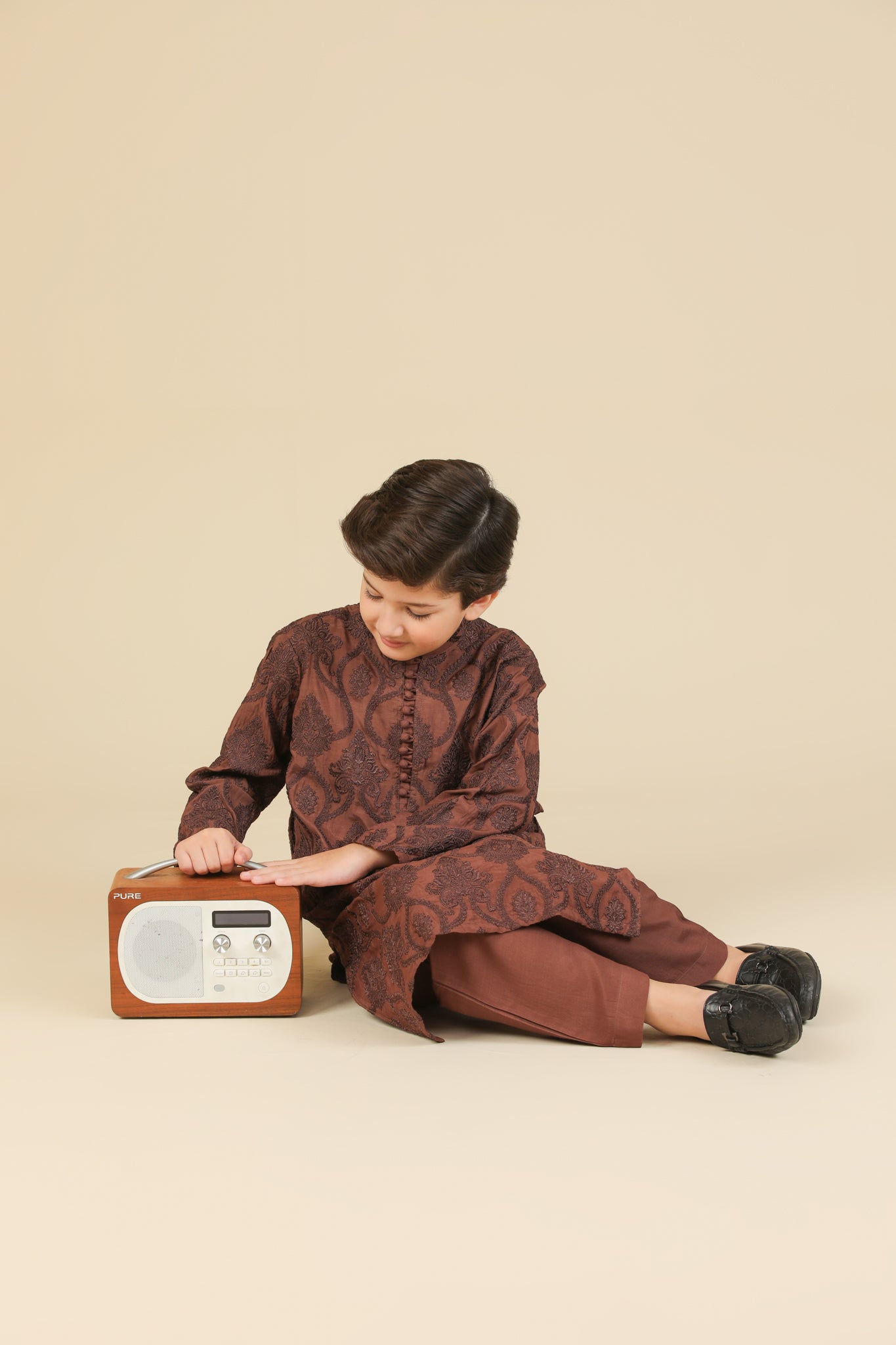 Faris - Cocoa Brown Raw Silk Embroidered Kurta Trouser - Kids