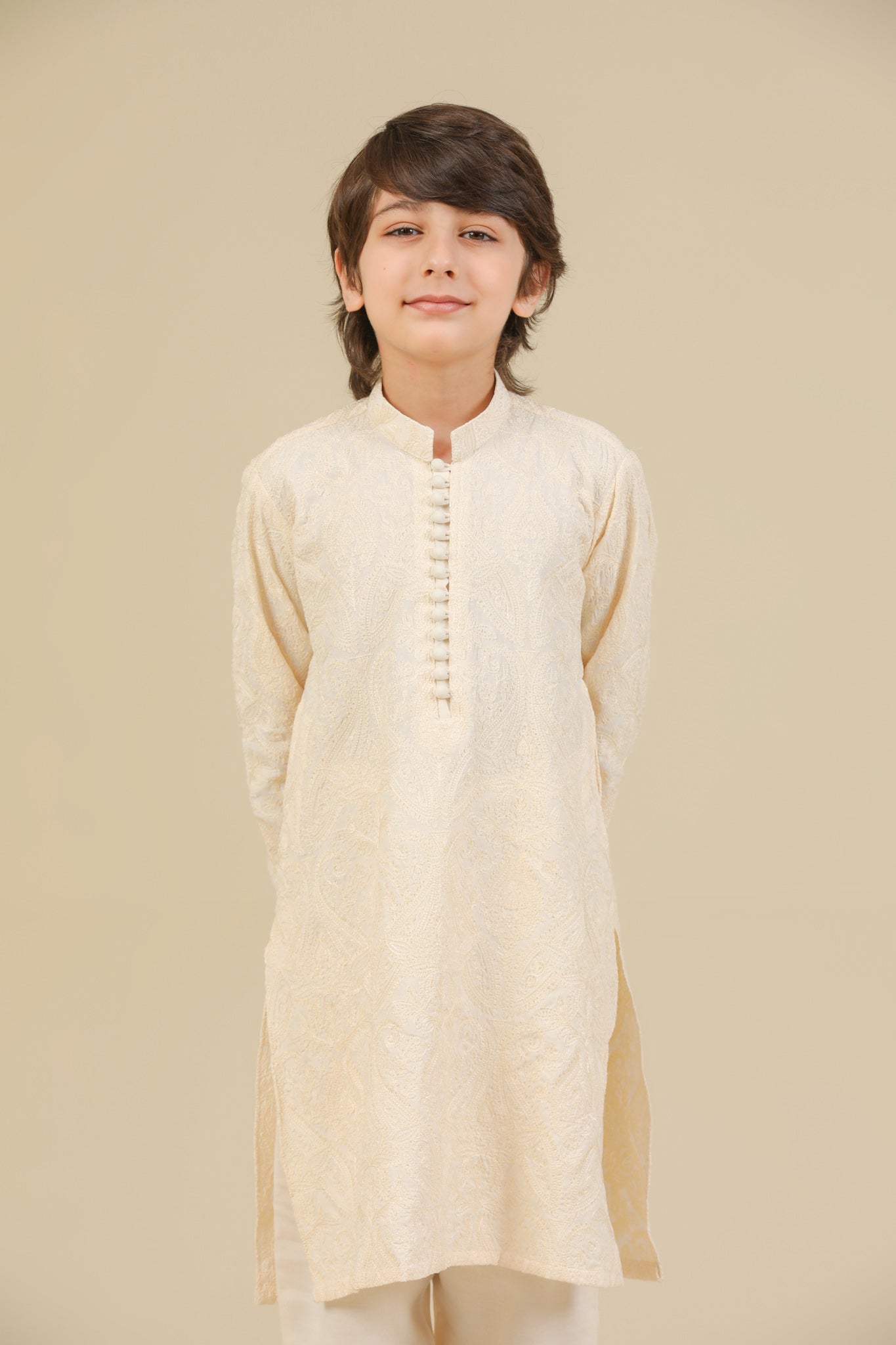 Andaz - Bosky White Raw Silk Embroidered Kurta Trouser - Kids