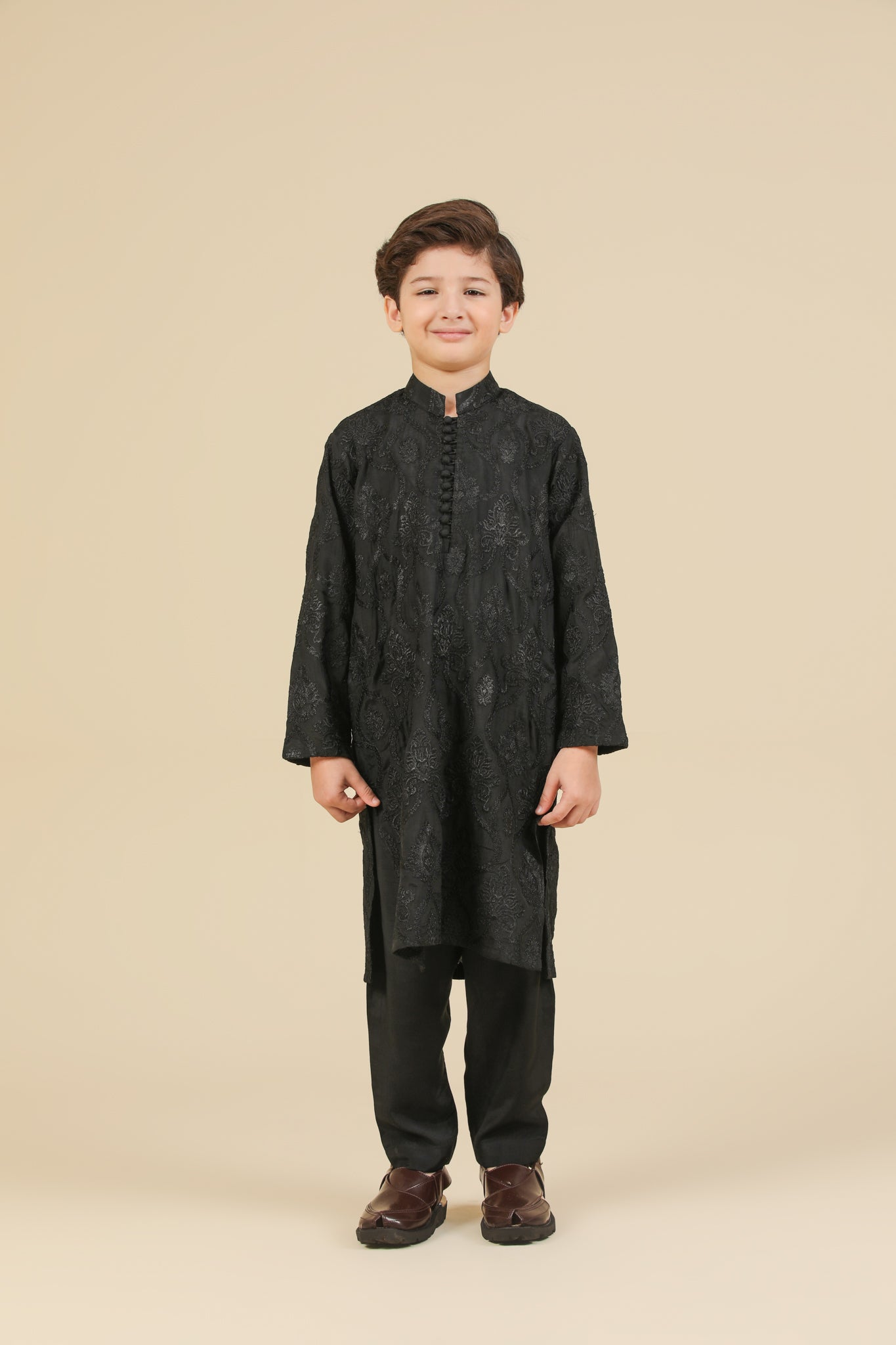 Zauq - Black Raw Silk Embroidered Kurta Trouser - Kids