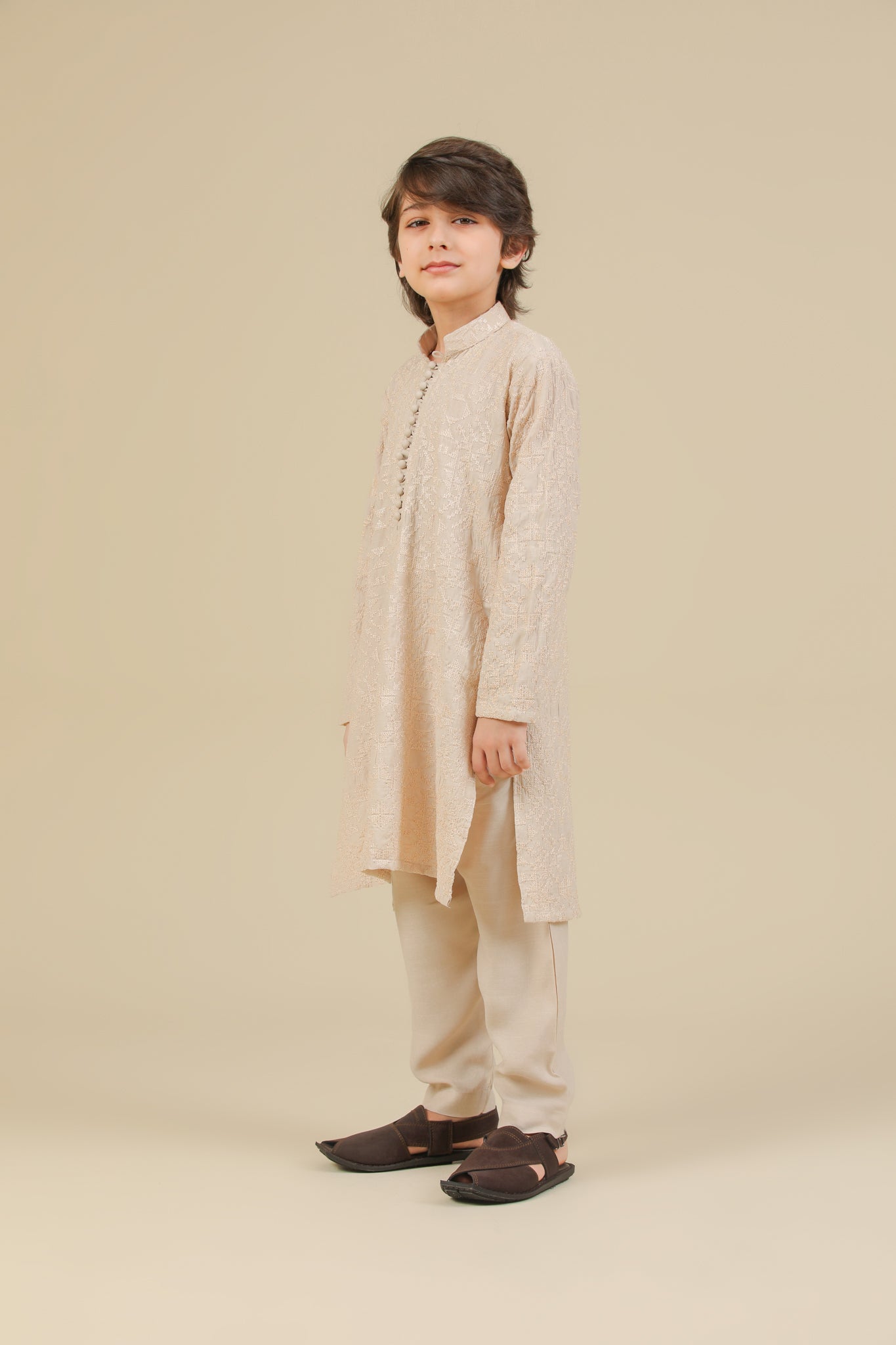 Tabir - Beige Raw Silk Embroidered Kurta Trouser - Kids