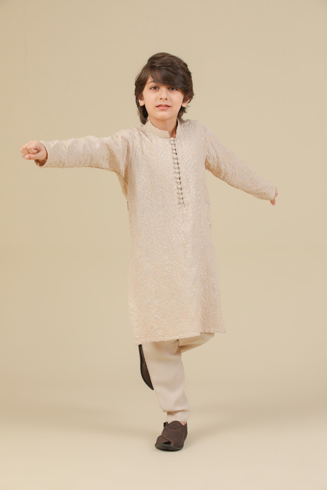 Tabir - Beige Raw Silk Embroidered Kurta Trouser - Kids