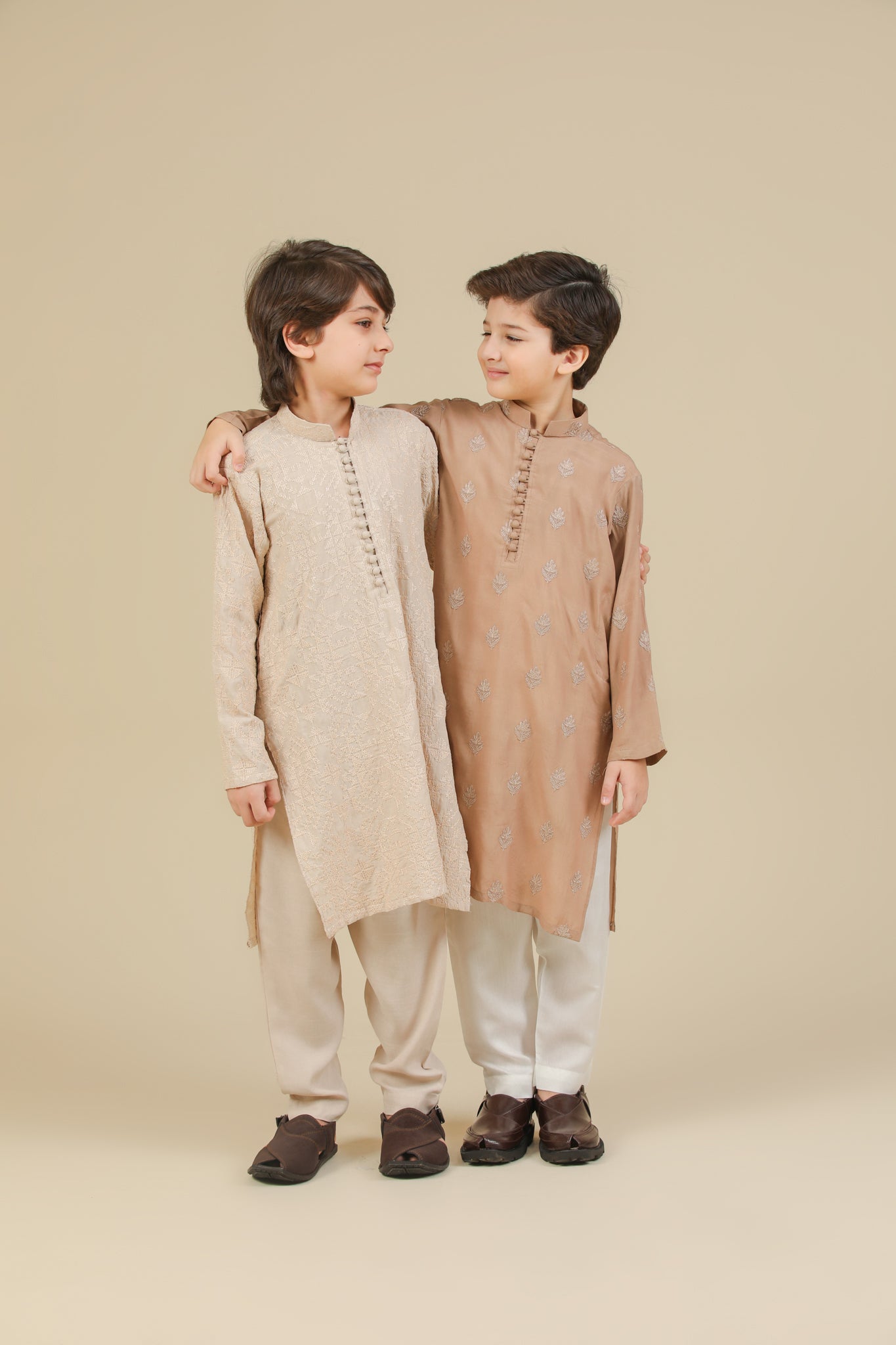 Tabir - Beige Raw Silk Embroidered Kurta Trouser - Kids