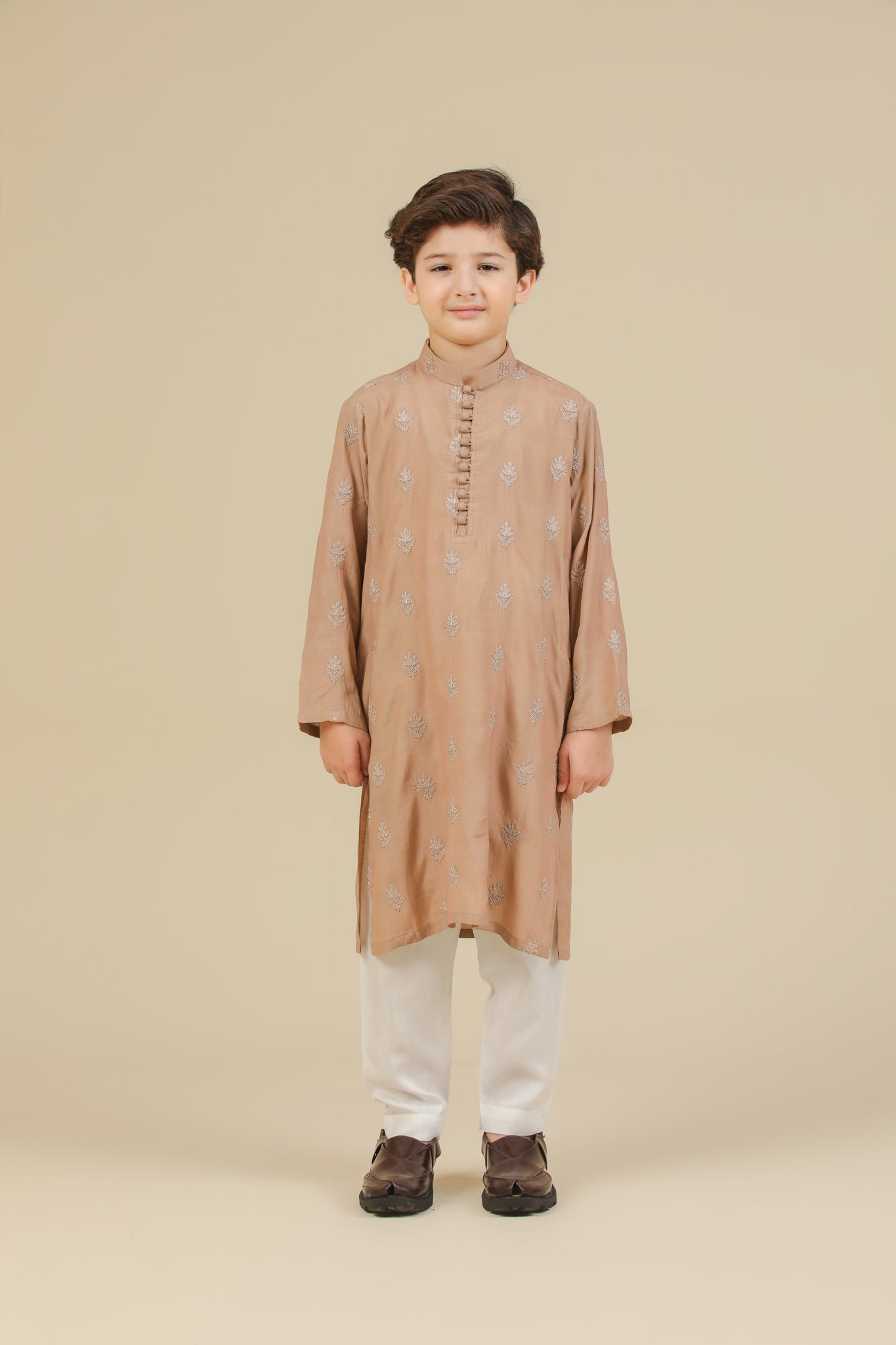 Mehrab - Sandstone Raw Silk Embroidered Kurta Trouser - Kids