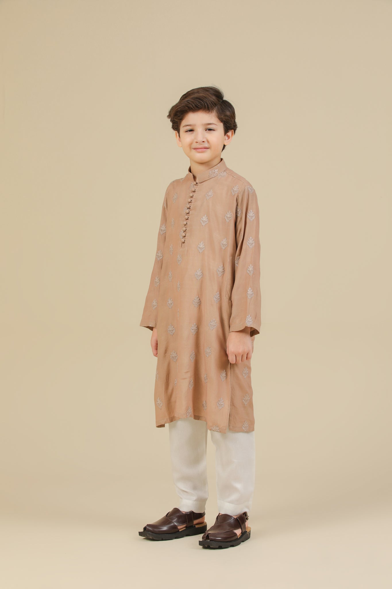 Mehrab - Sandstone Raw Silk Embroidered Kurta Trouser - Kids