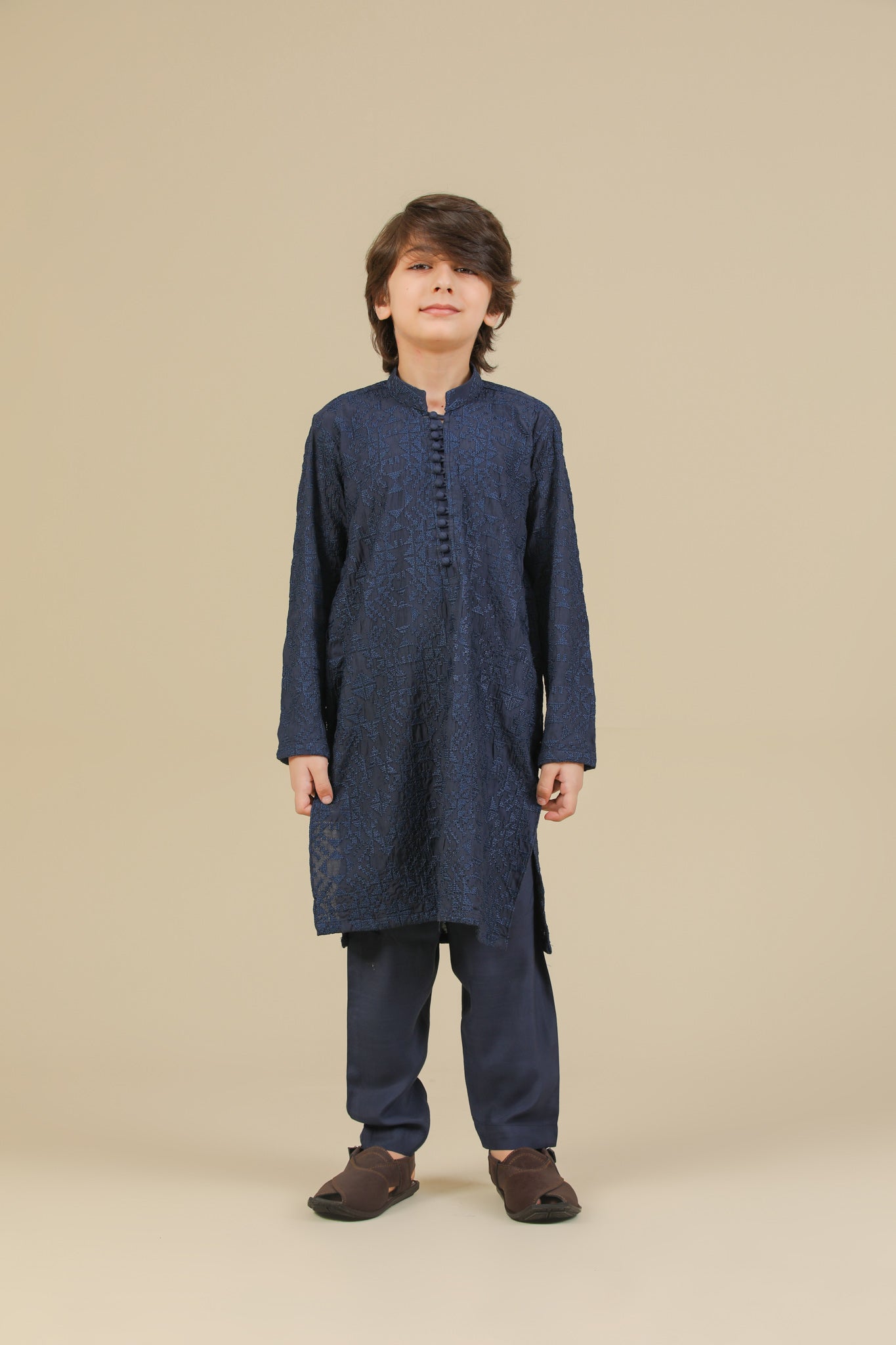 Feroz - Dark Blue Raw Silk Embroidered Kurta Trouser - Kids