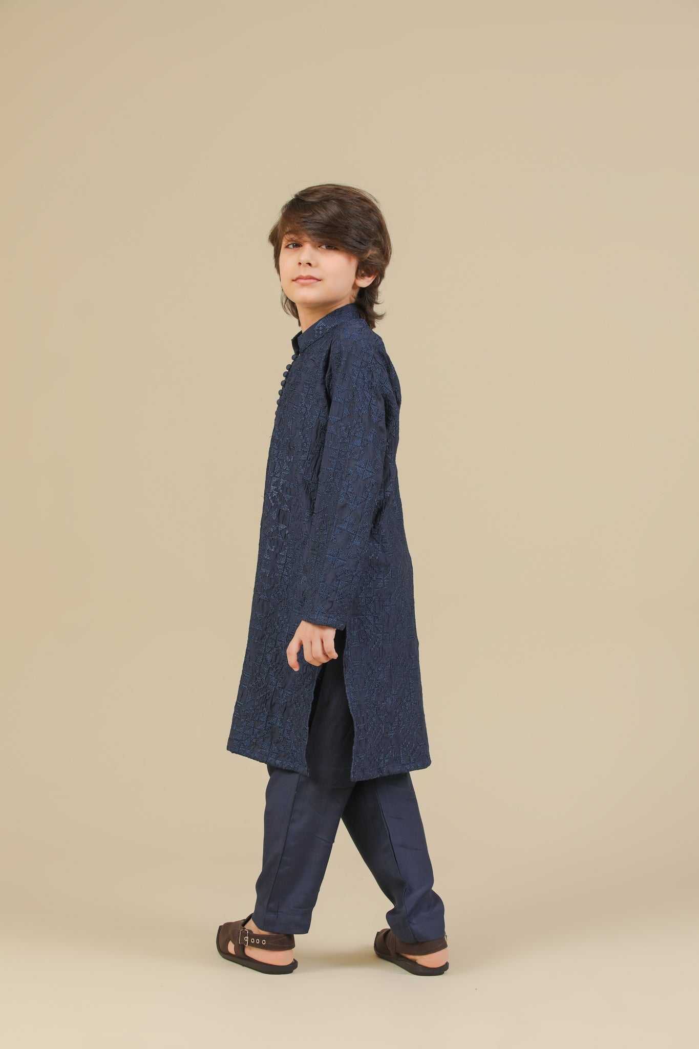 Feroz - Dark Blue Raw Silk Embroidered Kurta Trouser - Kids