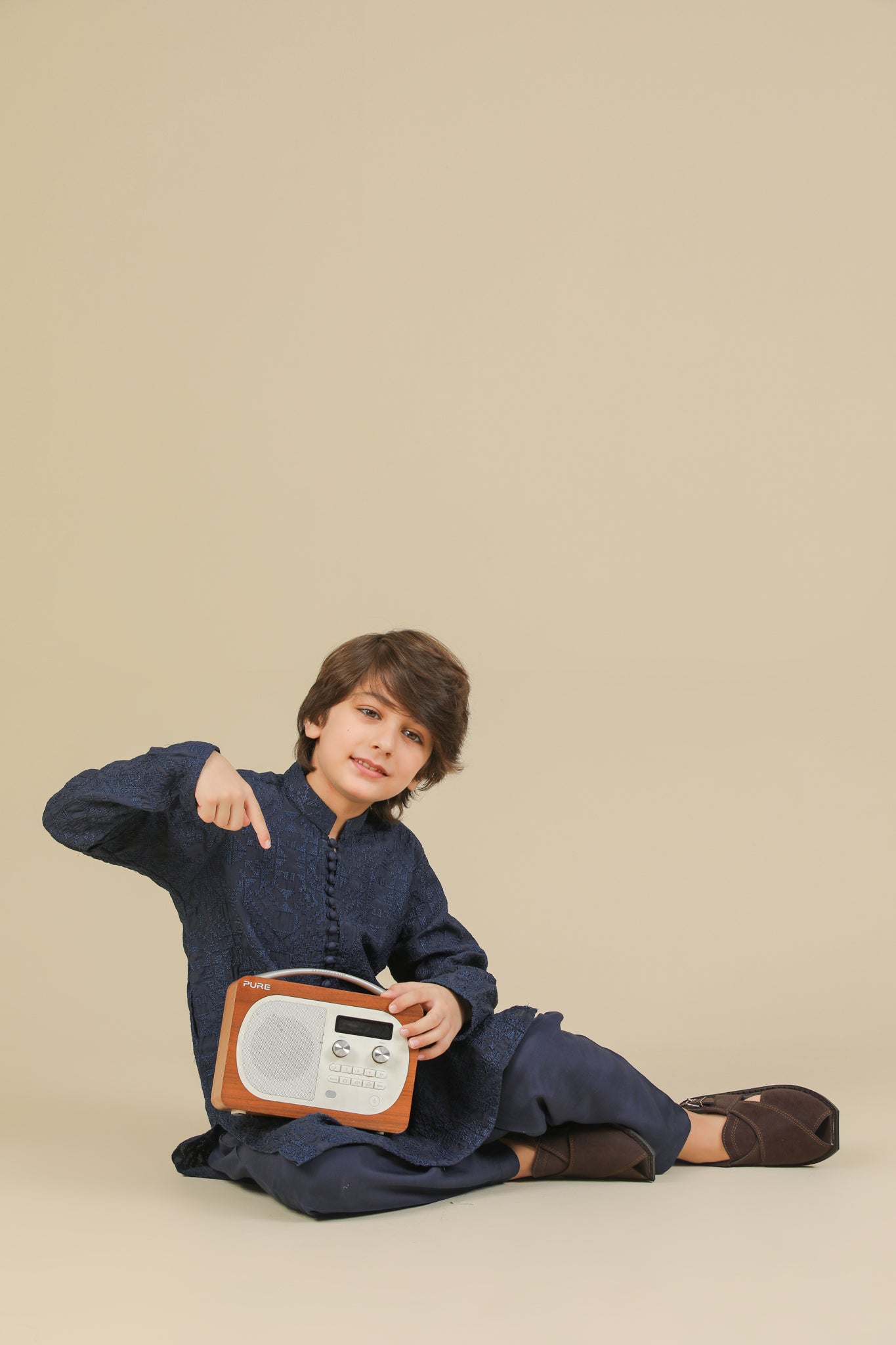 Feroz - Dark Blue Raw Silk Embroidered Kurta Trouser - Kids
