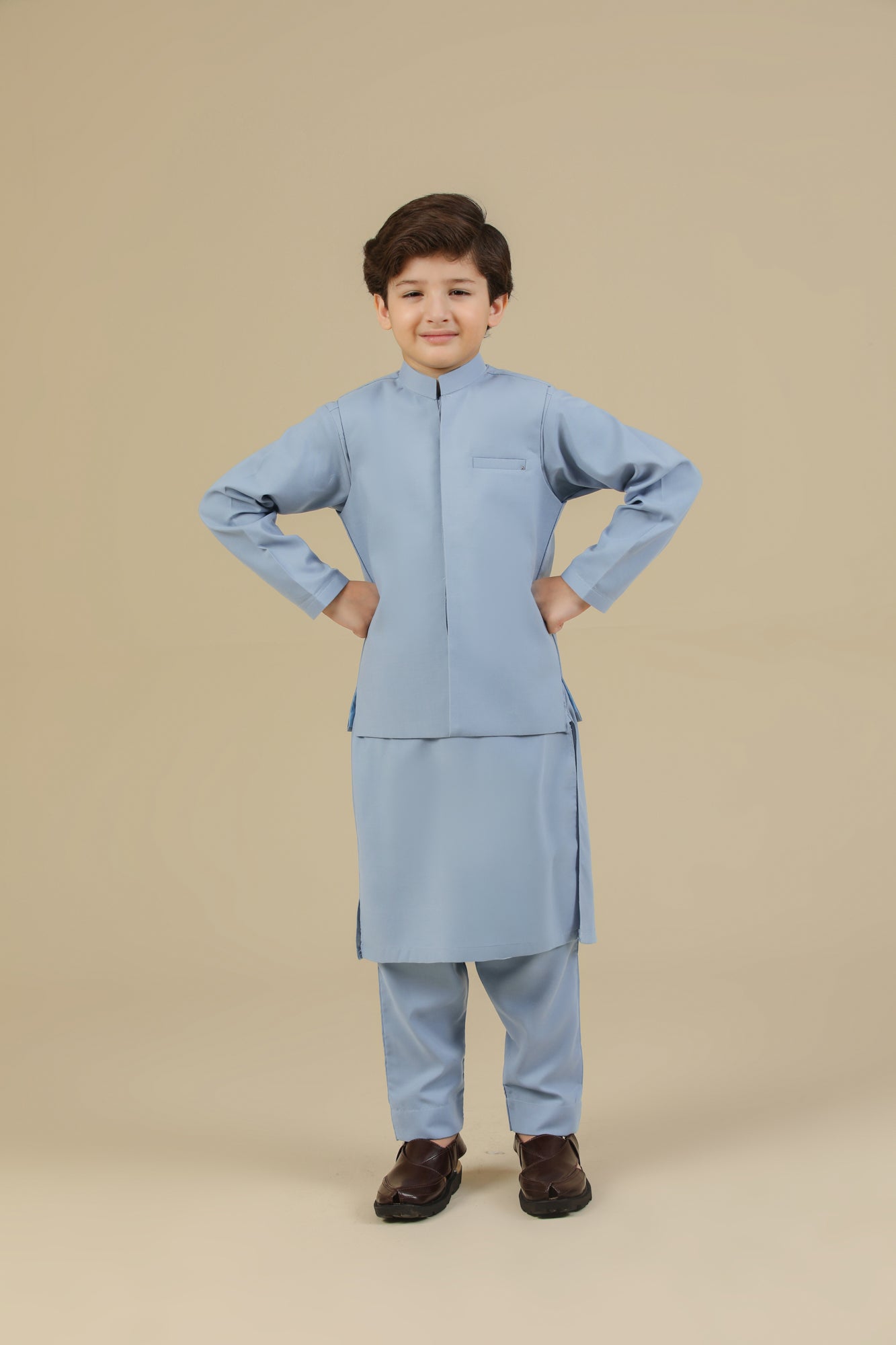 Sapphire Blue Kurta Trouser with Blended Waistcoat - Kids