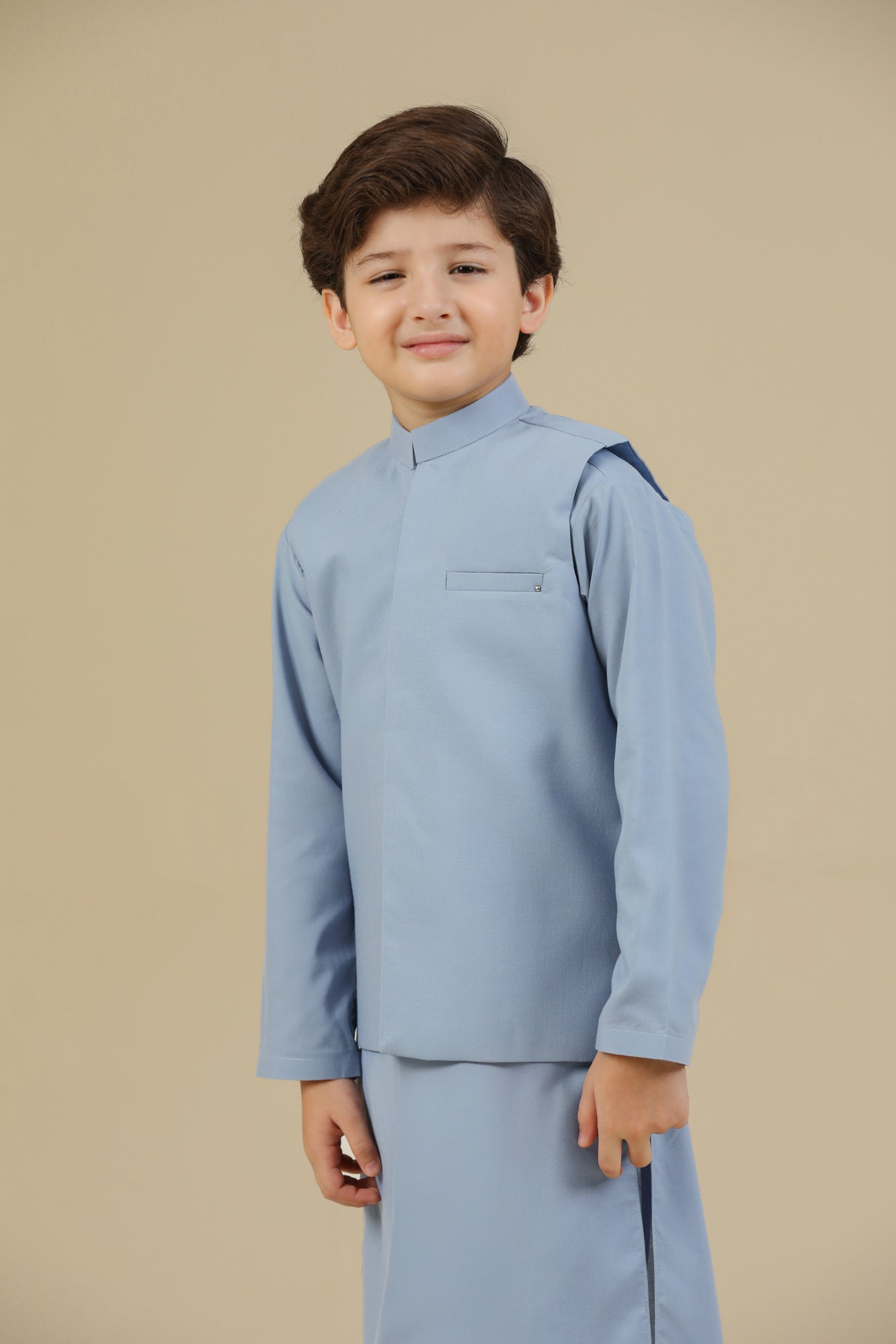 Sapphire Blue Kurta Trouser with Blended Waistcoat - Kids