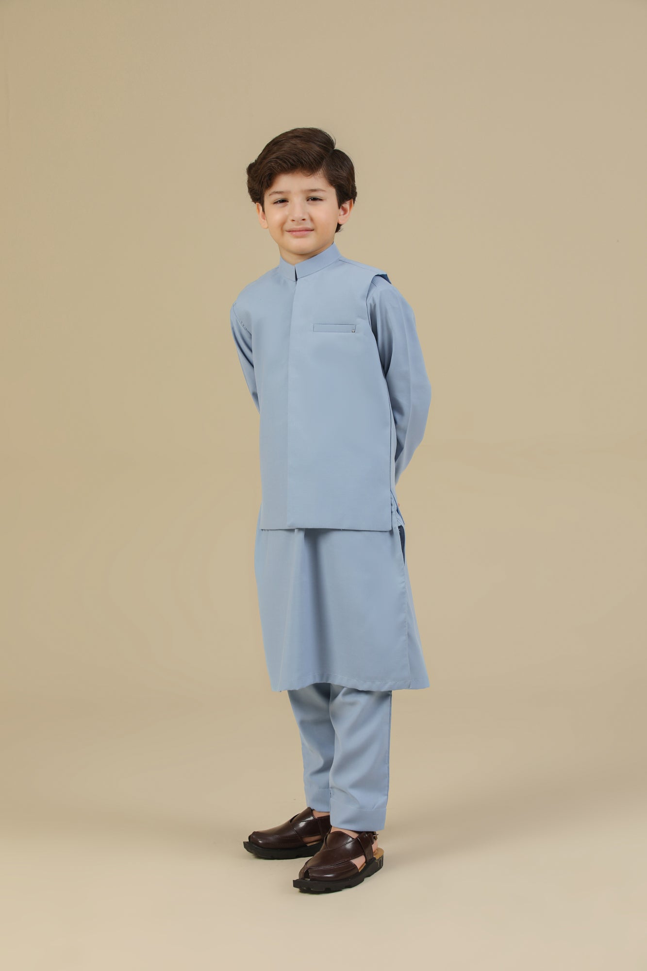 Sapphire Blue Kurta Trouser with Blended Waistcoat - Kids