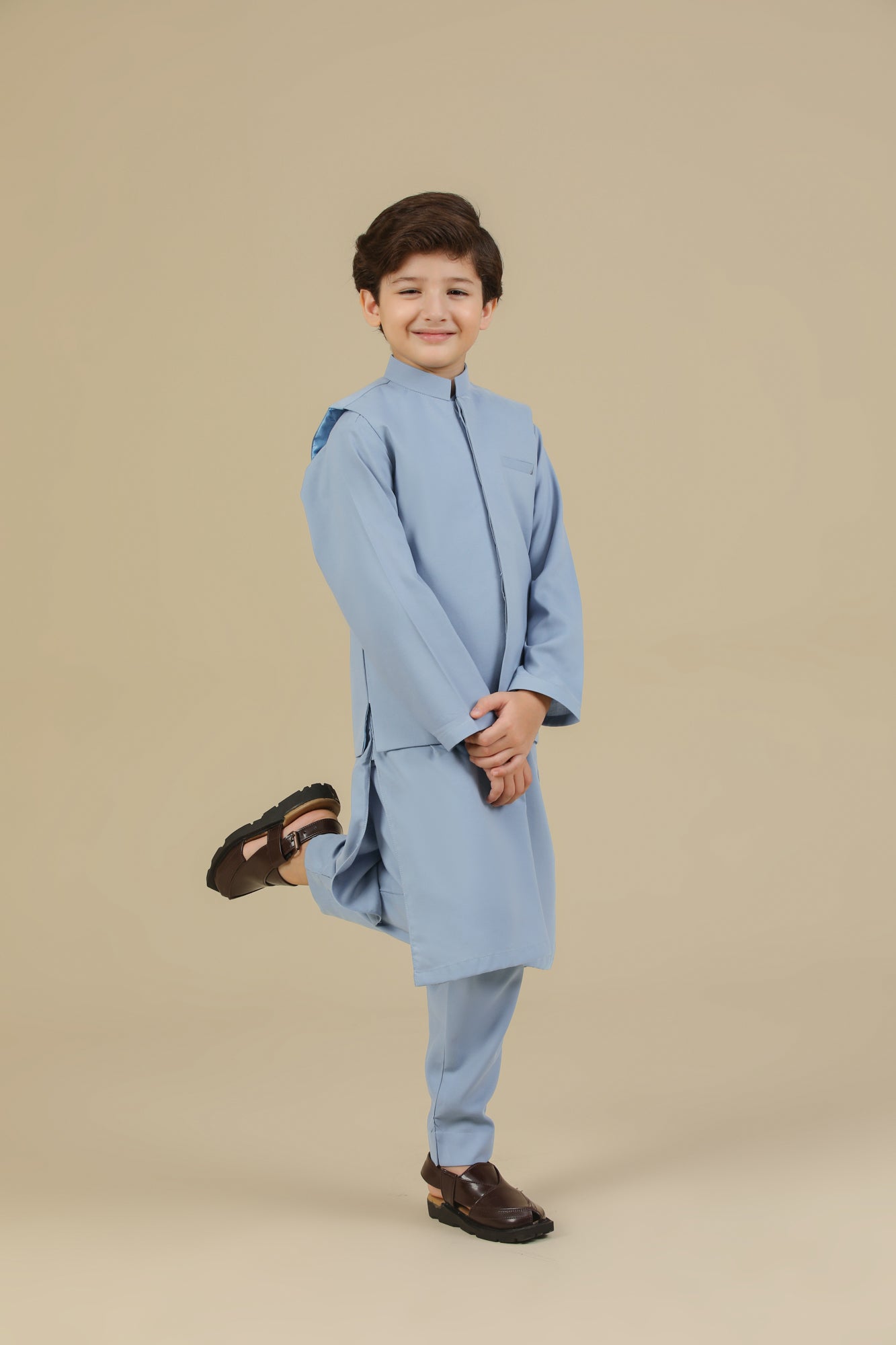 Sapphire Blue Kurta Trouser with Blended Waistcoat - Kids