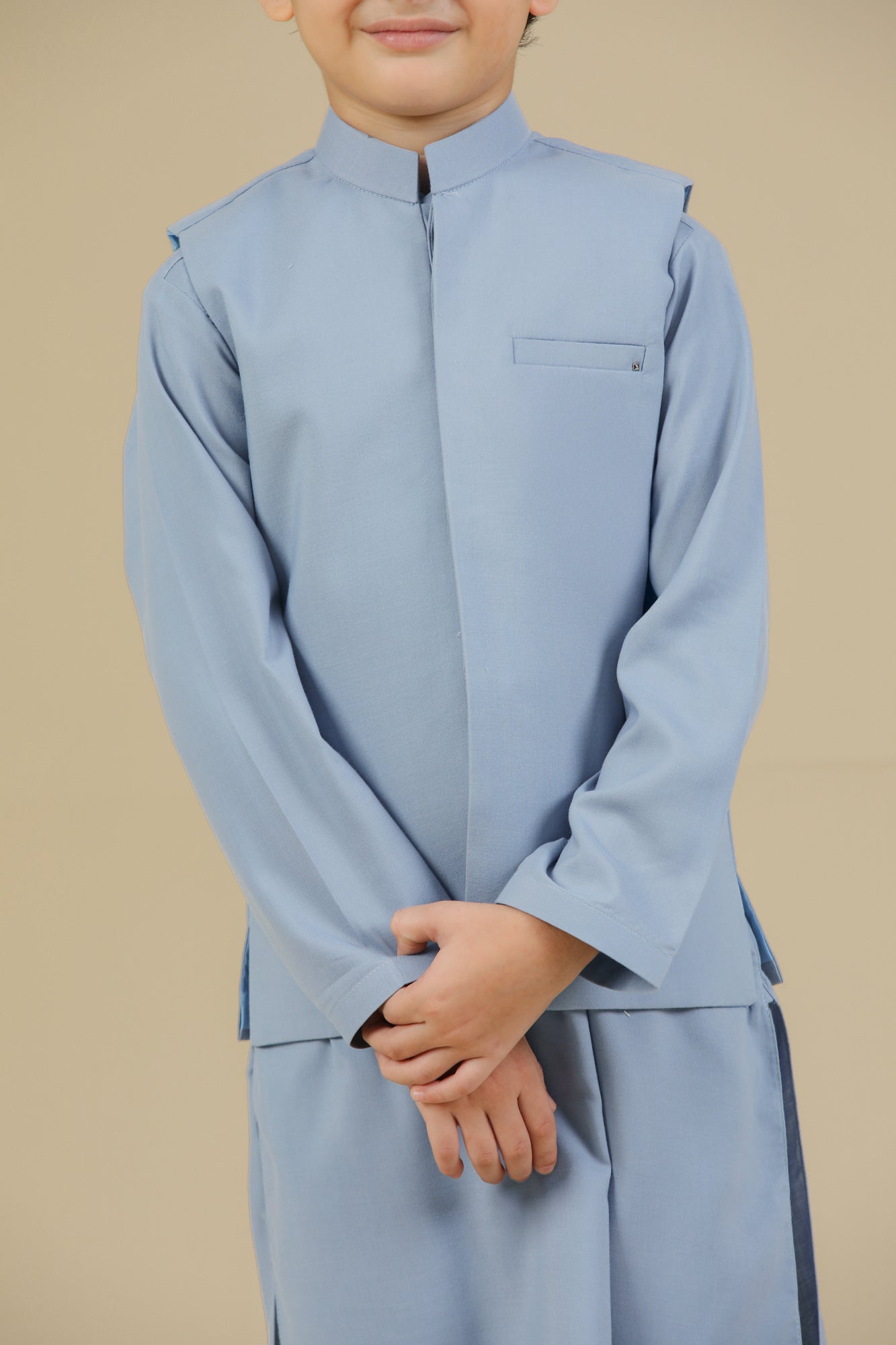 Sapphire Blue Kurta Trouser with Blended Waistcoat - Kids