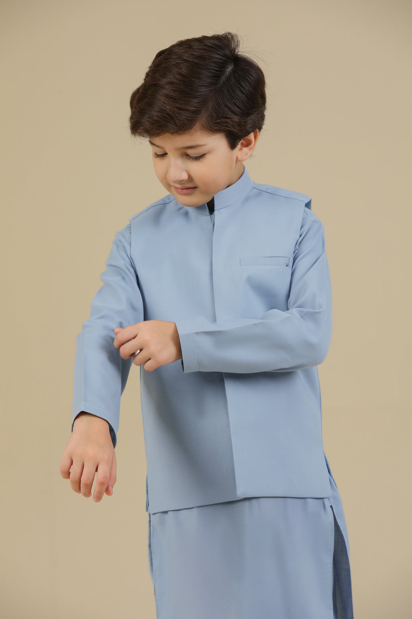 Sapphire Blue Kurta Trouser with Blended Waistcoat - Kids