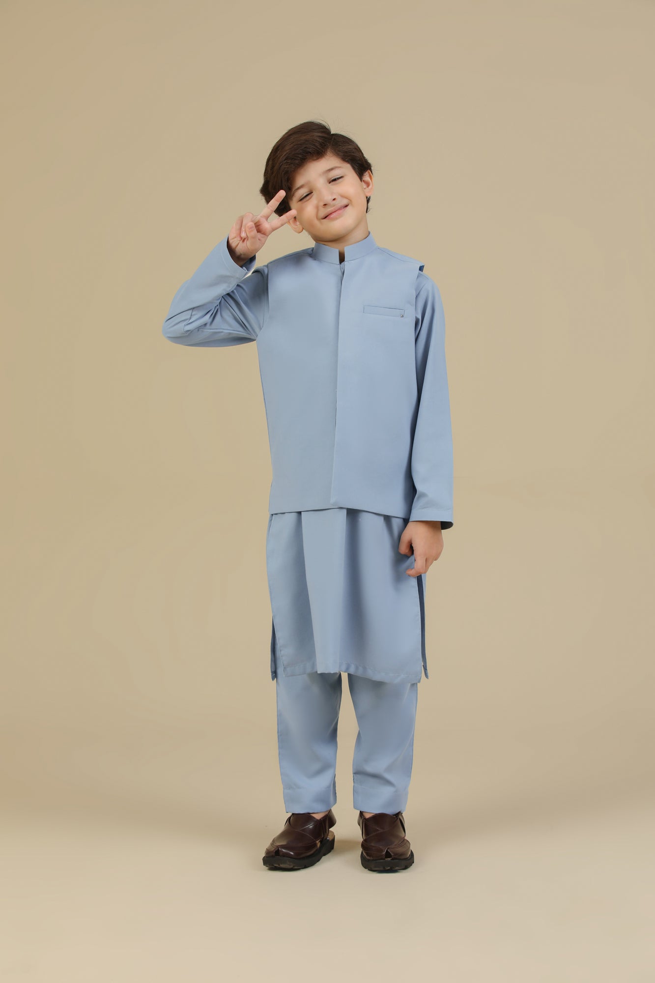 Sapphire Blue Kurta Trouser with Blended Waistcoat - Kids