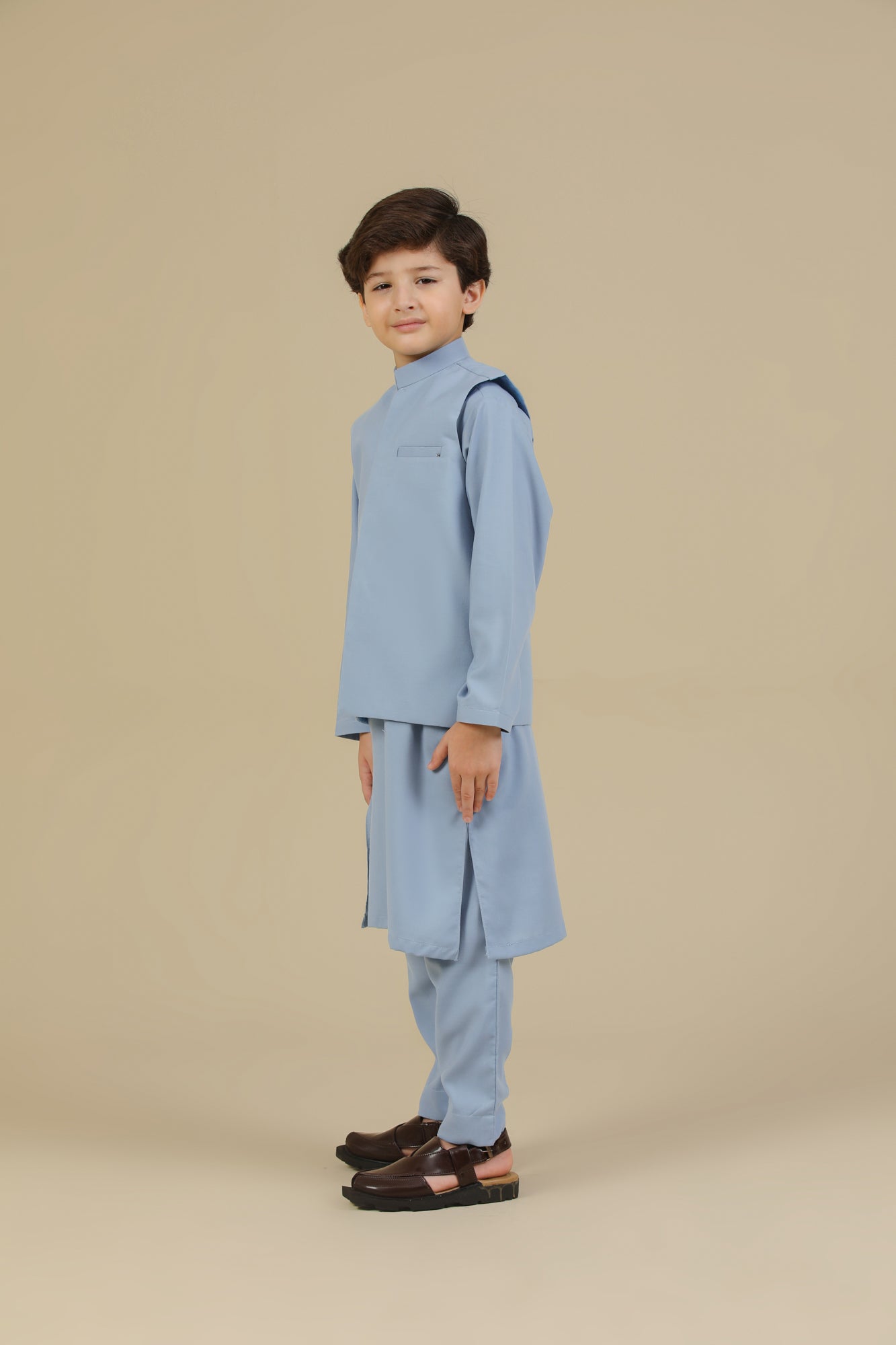 Sapphire Blue Kurta Trouser with Blended Waistcoat - Kids
