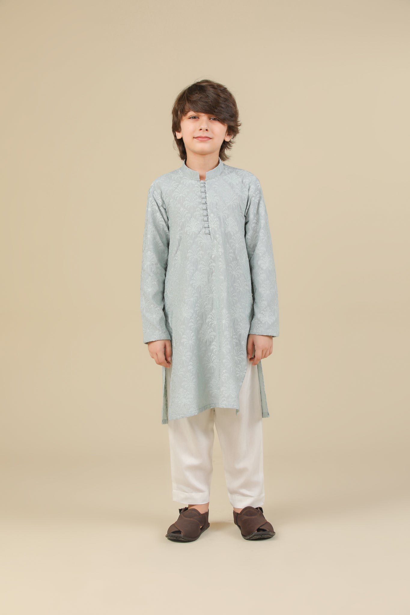Abroo - Ice Blue Raw Silk Embroidered Kurta Trouser - Kids