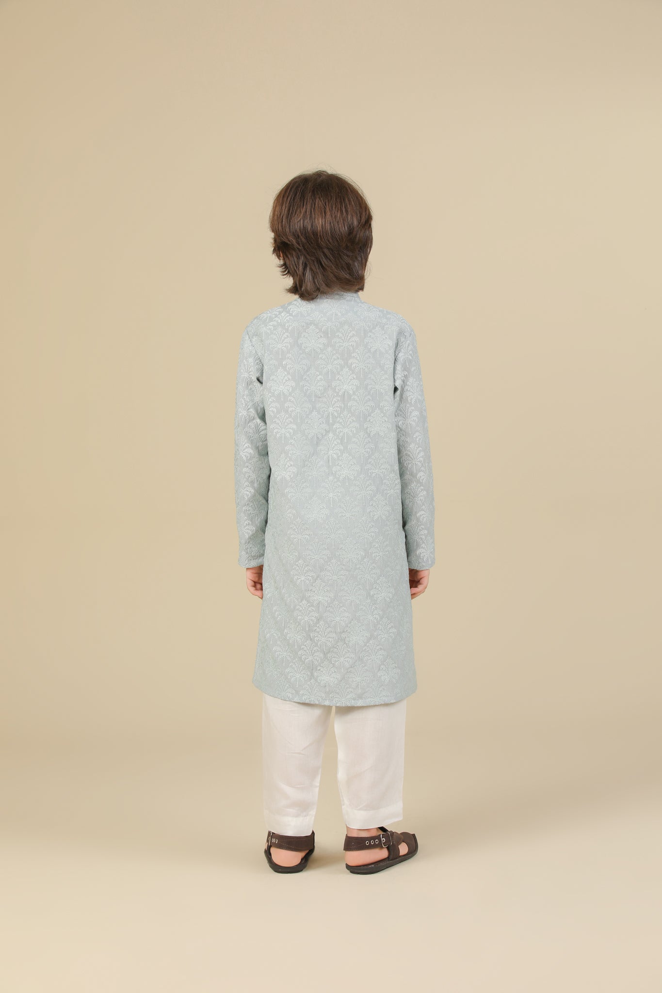 Abroo - Ice Blue Raw Silk Embroidered Kurta Trouser - Kids