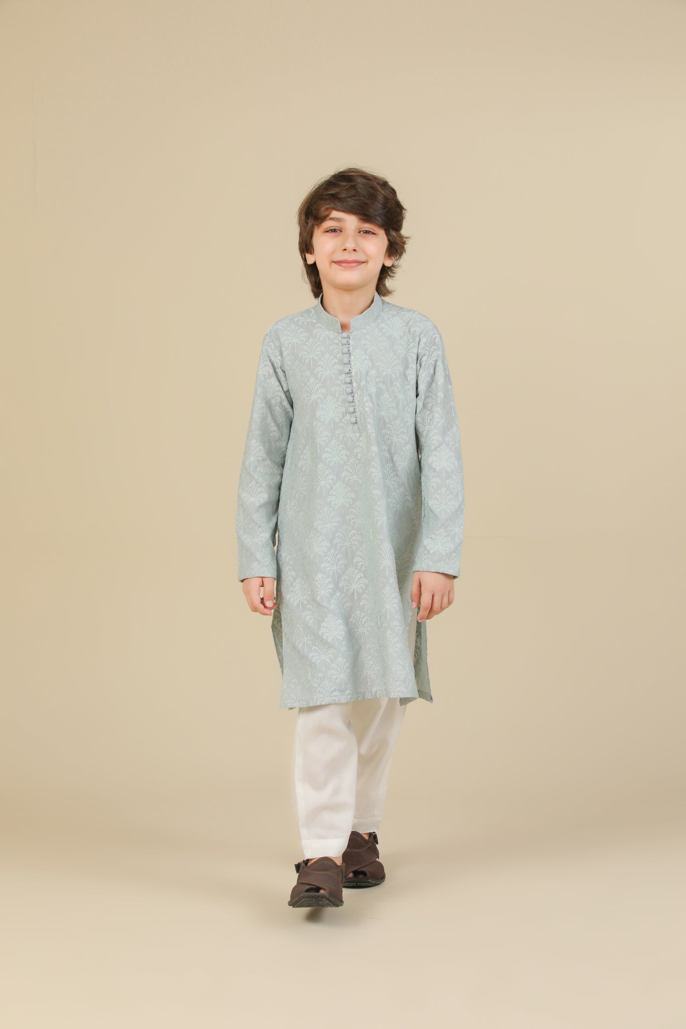 Abroo - Ice Blue Raw Silk Embroidered Kurta Trouser - Kids