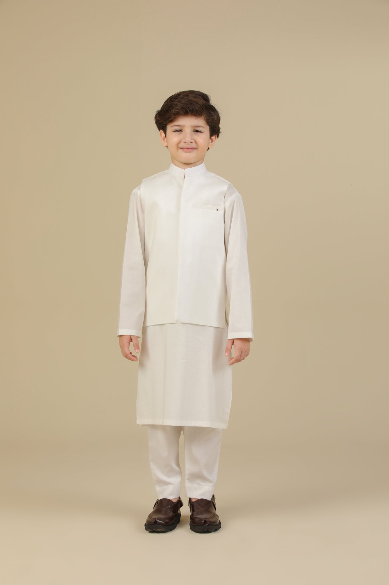 Off White Soft Cotton Kurta Trouser with Waistcoat - Kids