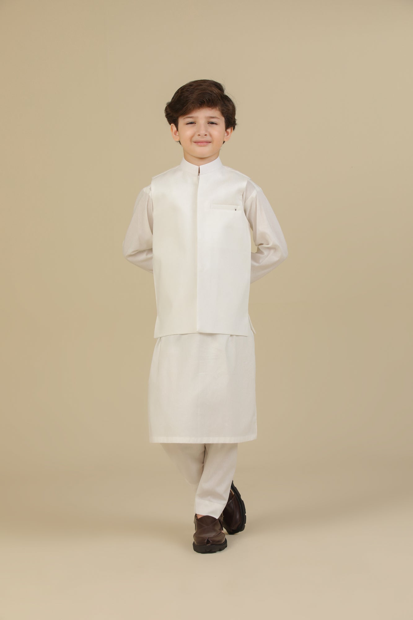 Off White Soft Cotton Kurta Trouser with Waistcoat - Kids