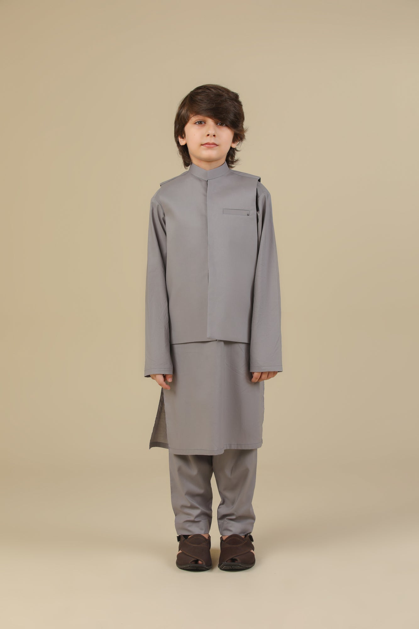 Light Grey Soft Cotton Kurta Trouser with Waistcoat - Kids