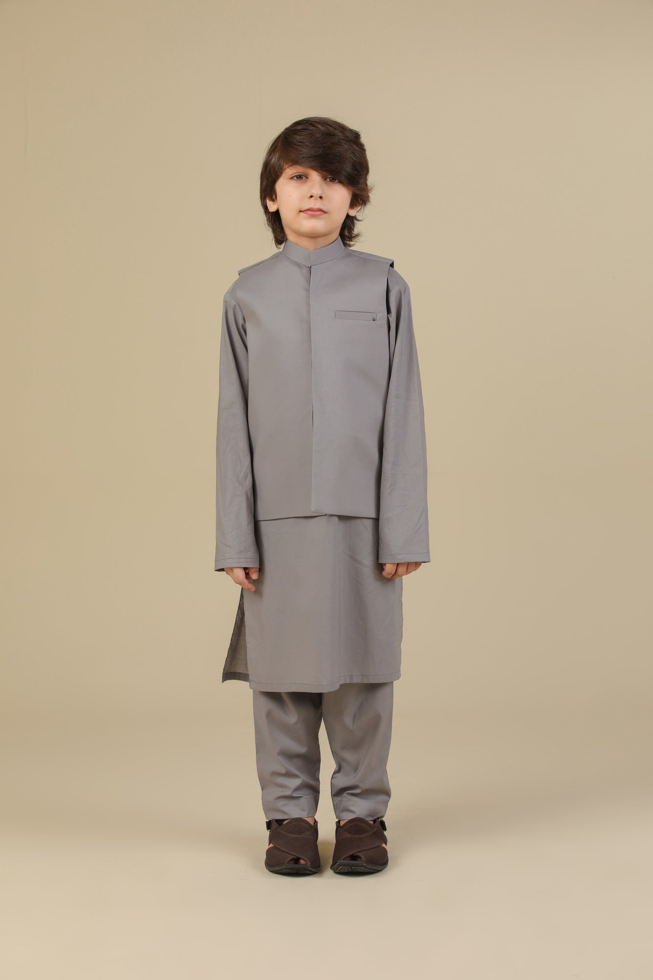 Light Grey Soft Cotton Kurta Trouser with Waistcoat - Kids
