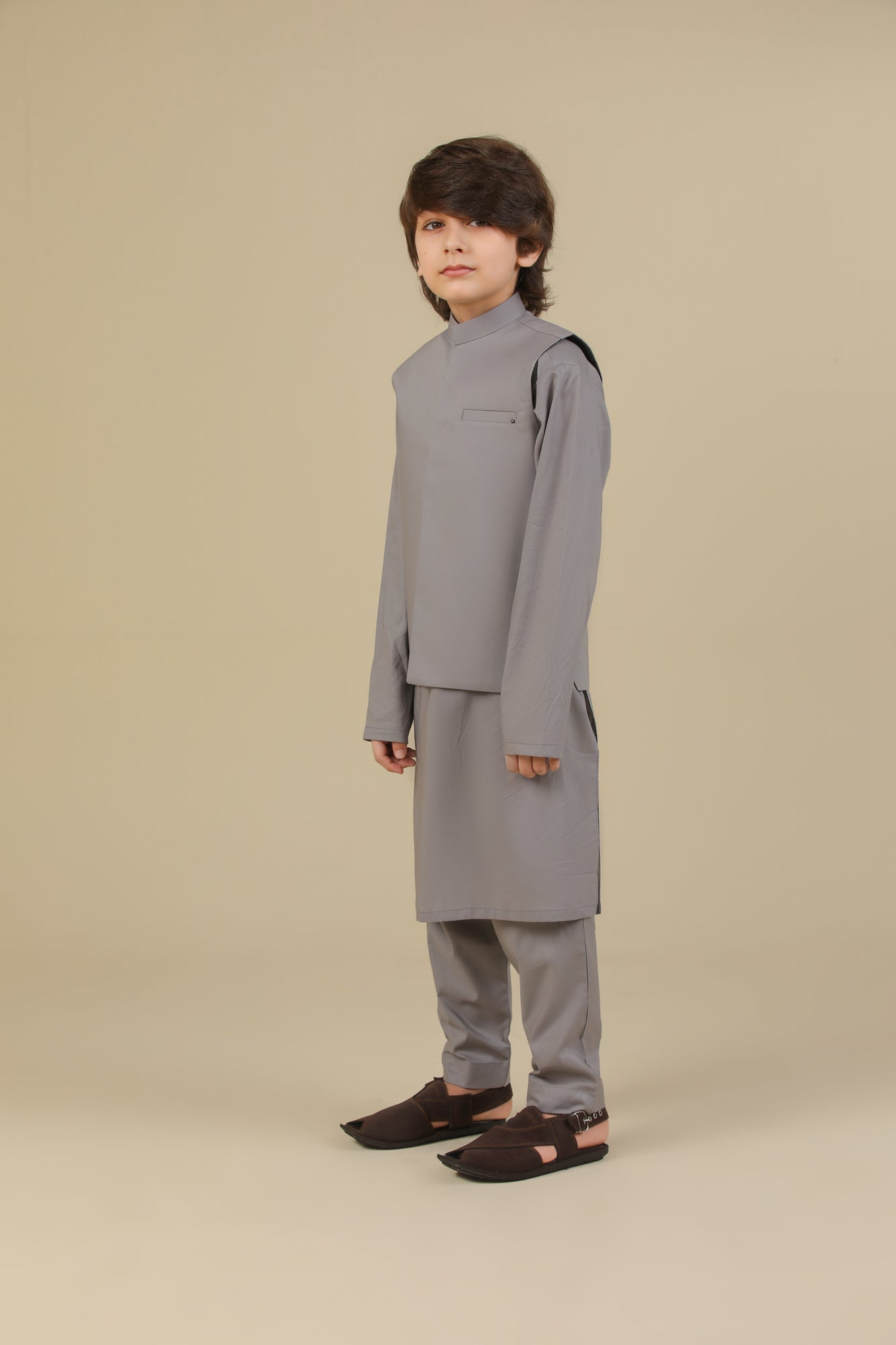 Light Grey Soft Cotton Kurta Trouser with Waistcoat - Kids