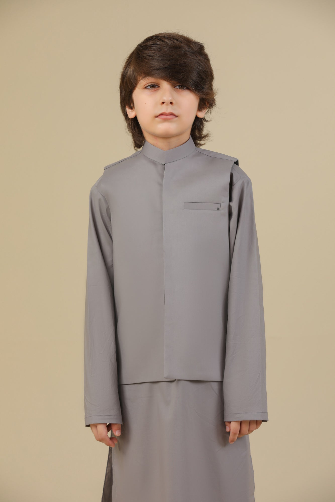 Light Grey Soft Cotton Kurta Trouser with Waistcoat - Kids