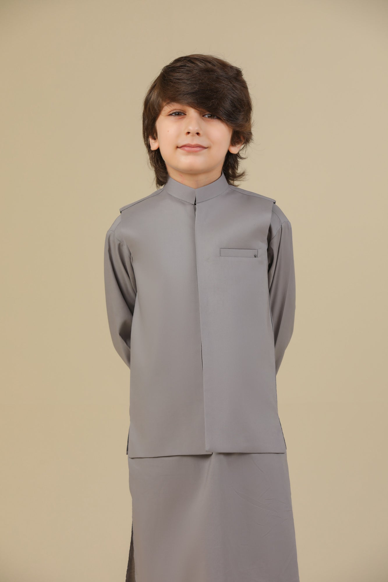 Light Grey Soft Cotton Kurta Trouser with Waistcoat - Kids